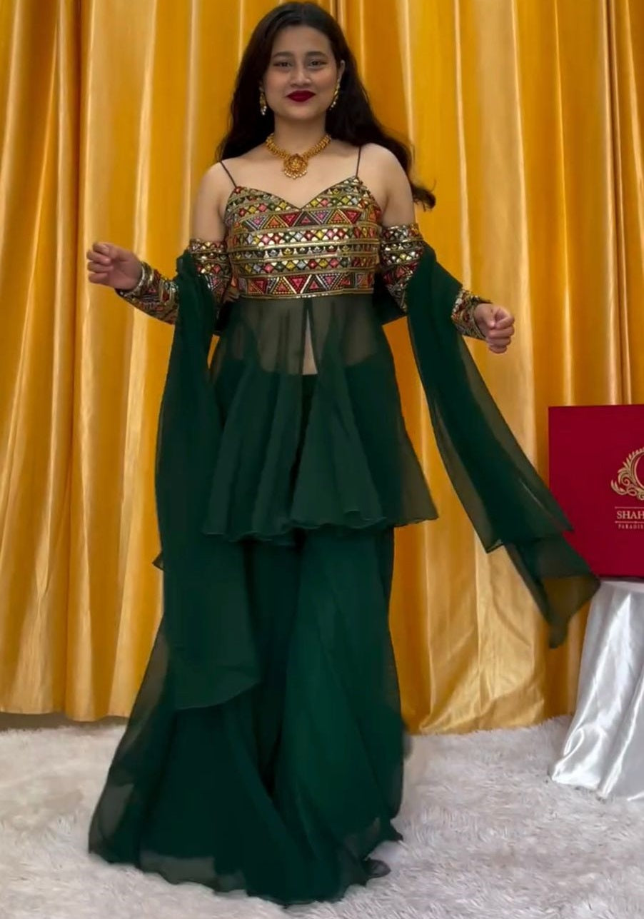 Green georgette designer indowestern palazzo suit