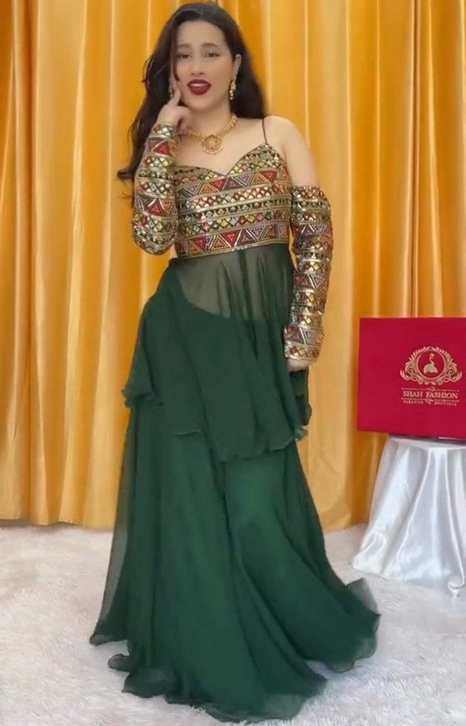 Green georgette designer indowestern palazzo suit