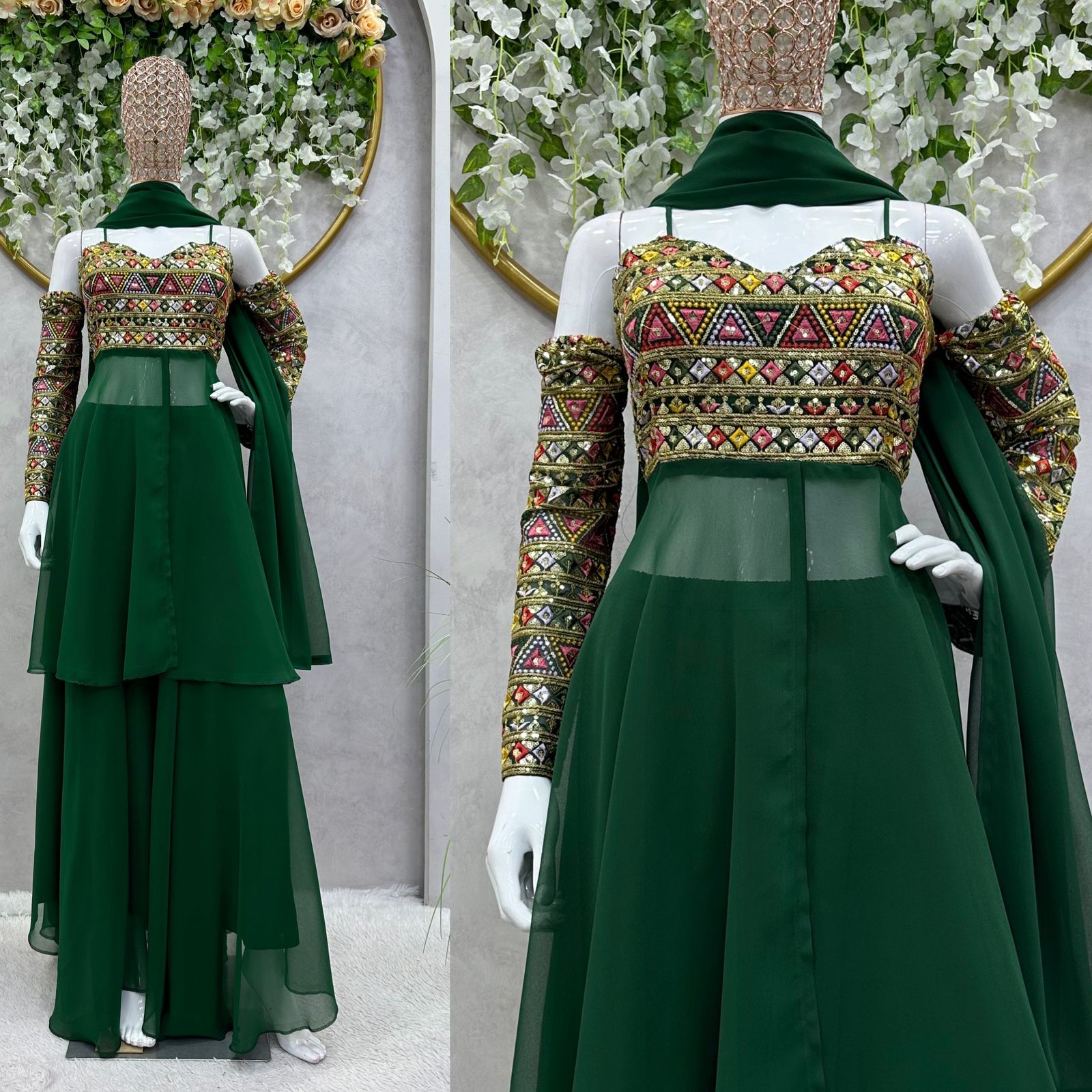 Green georgette designer indowestern palazzo suit