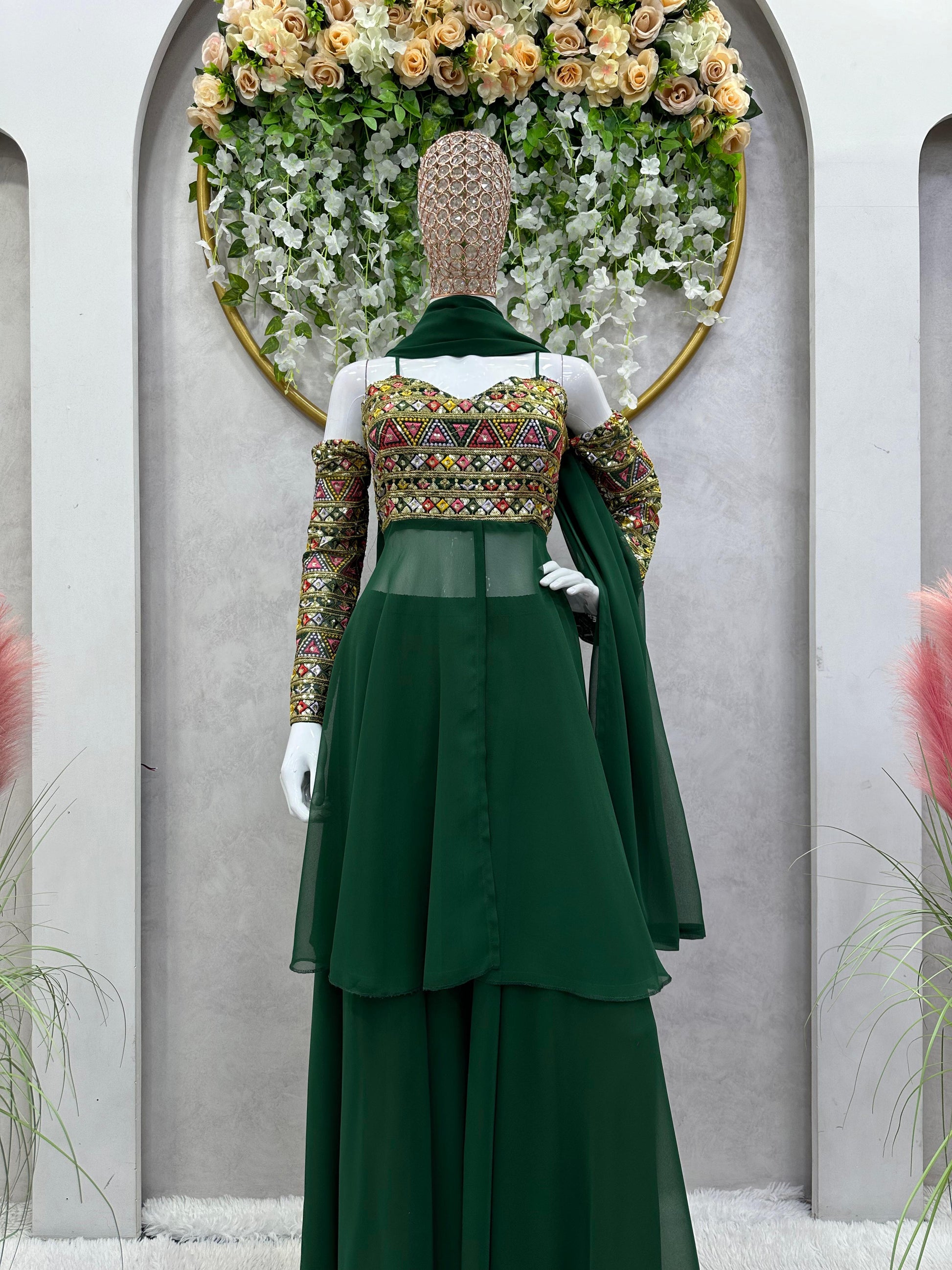 Green georgette designer indowestern palazzo suit