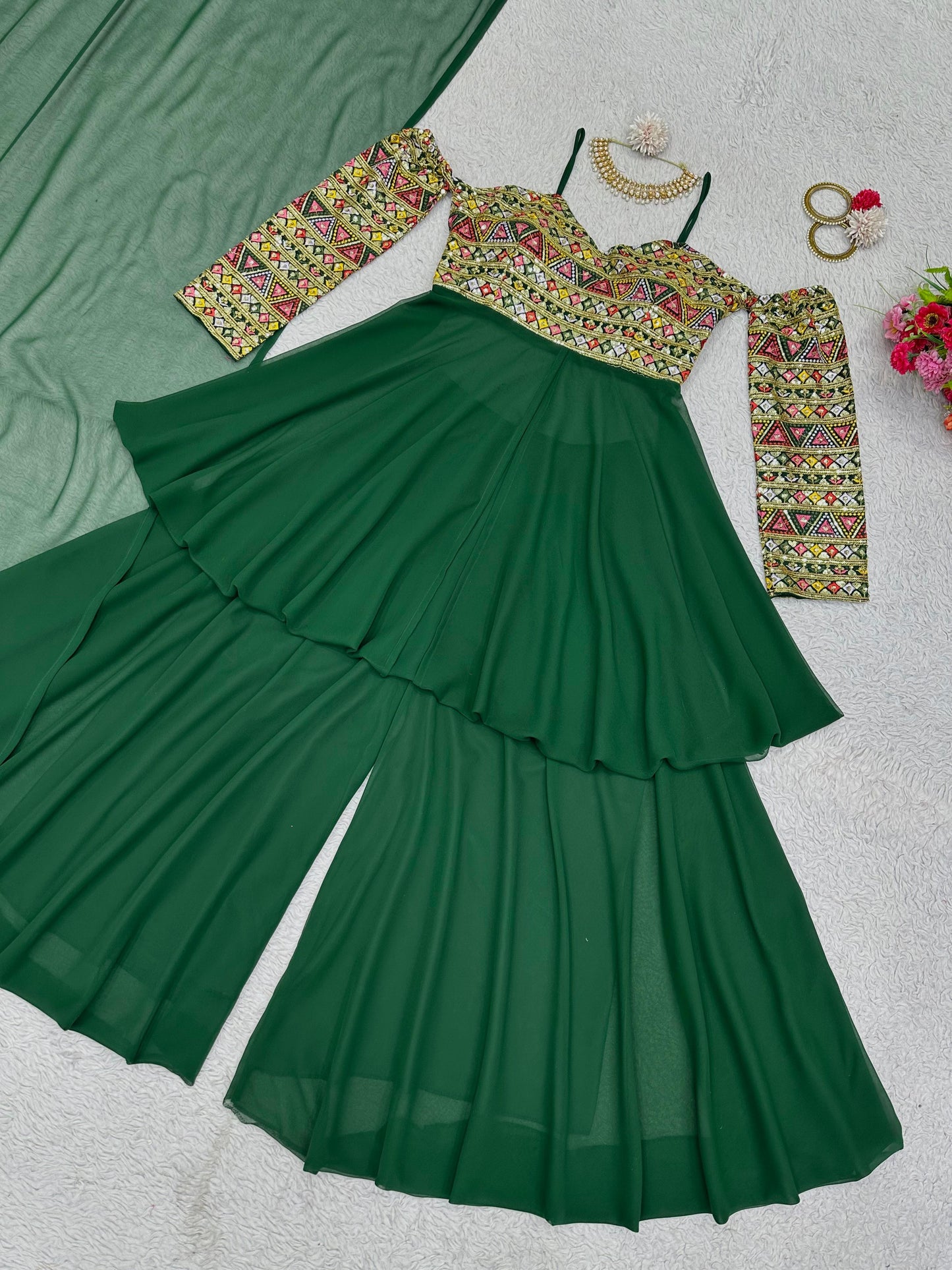 Green georgette designer indowestern palazzo suit