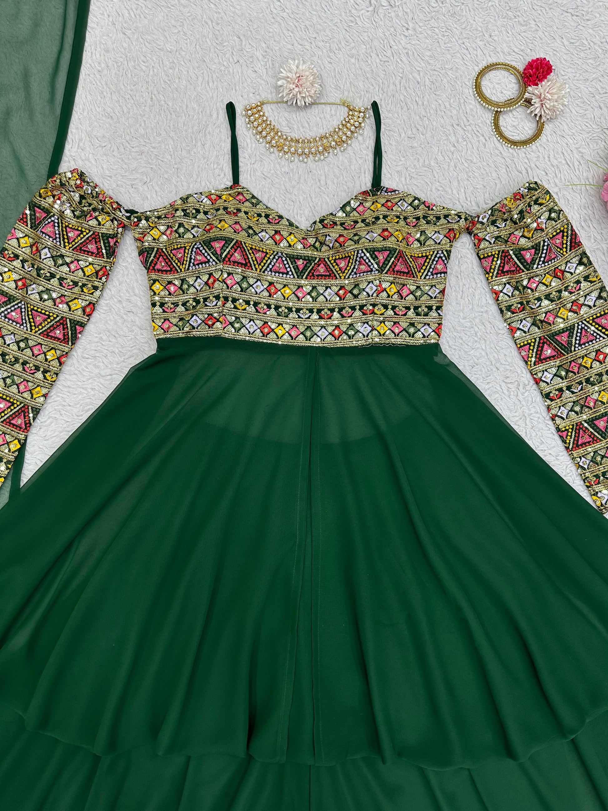 Green georgette designer indowestern palazzo suit