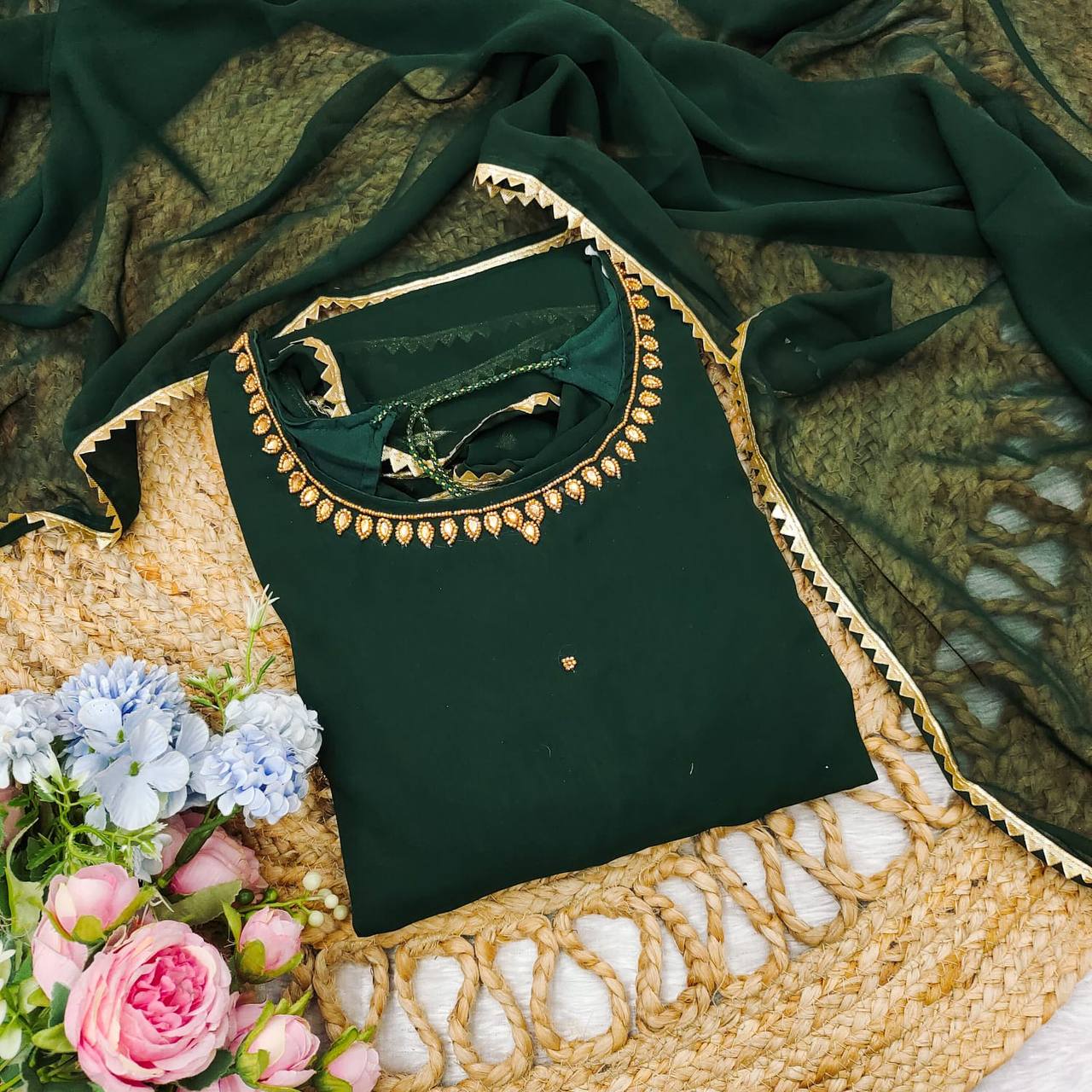 Green georgette stylish partywear handwork anarkali suit