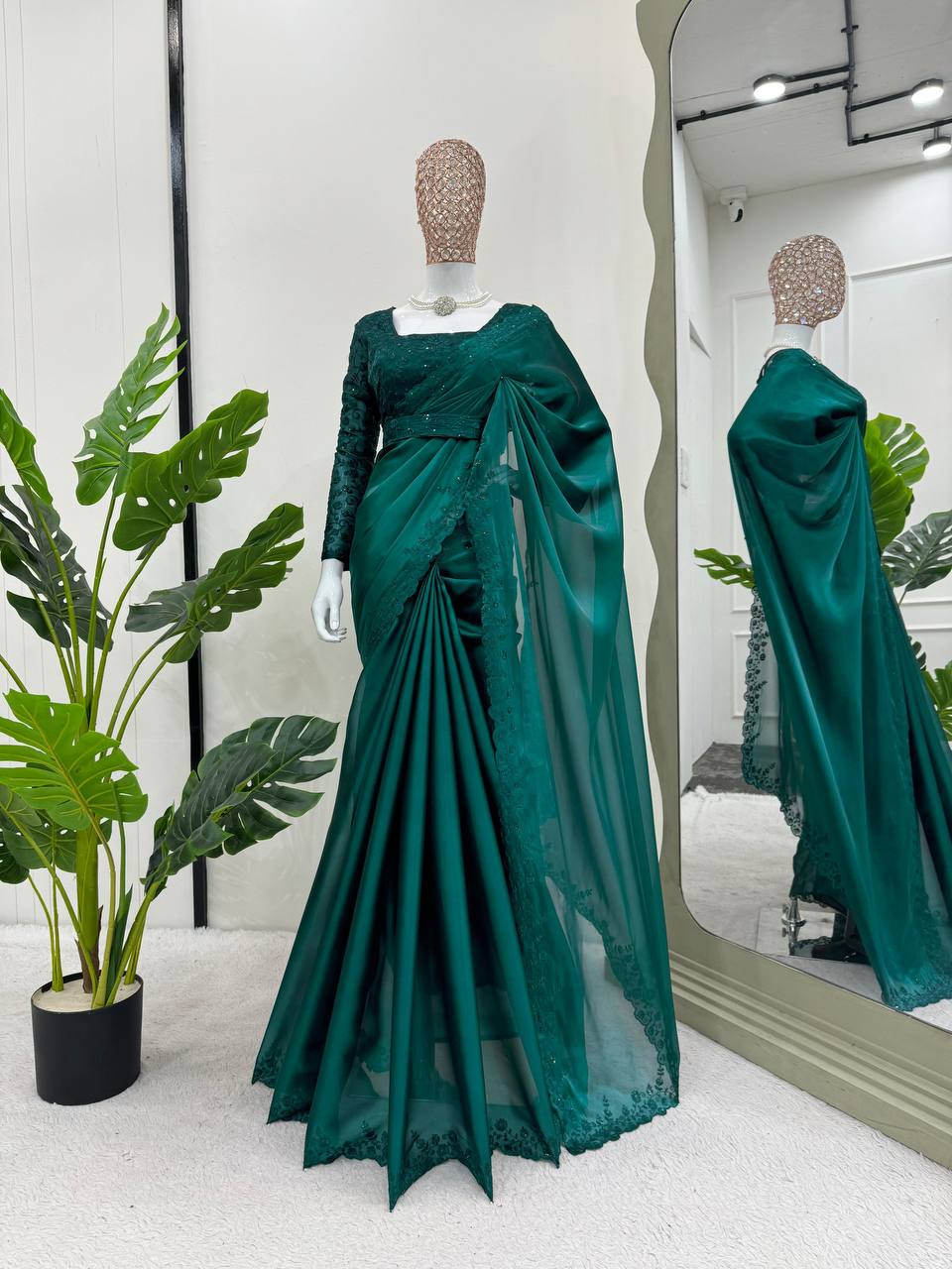 Green jimmy choo designer party wear saree
