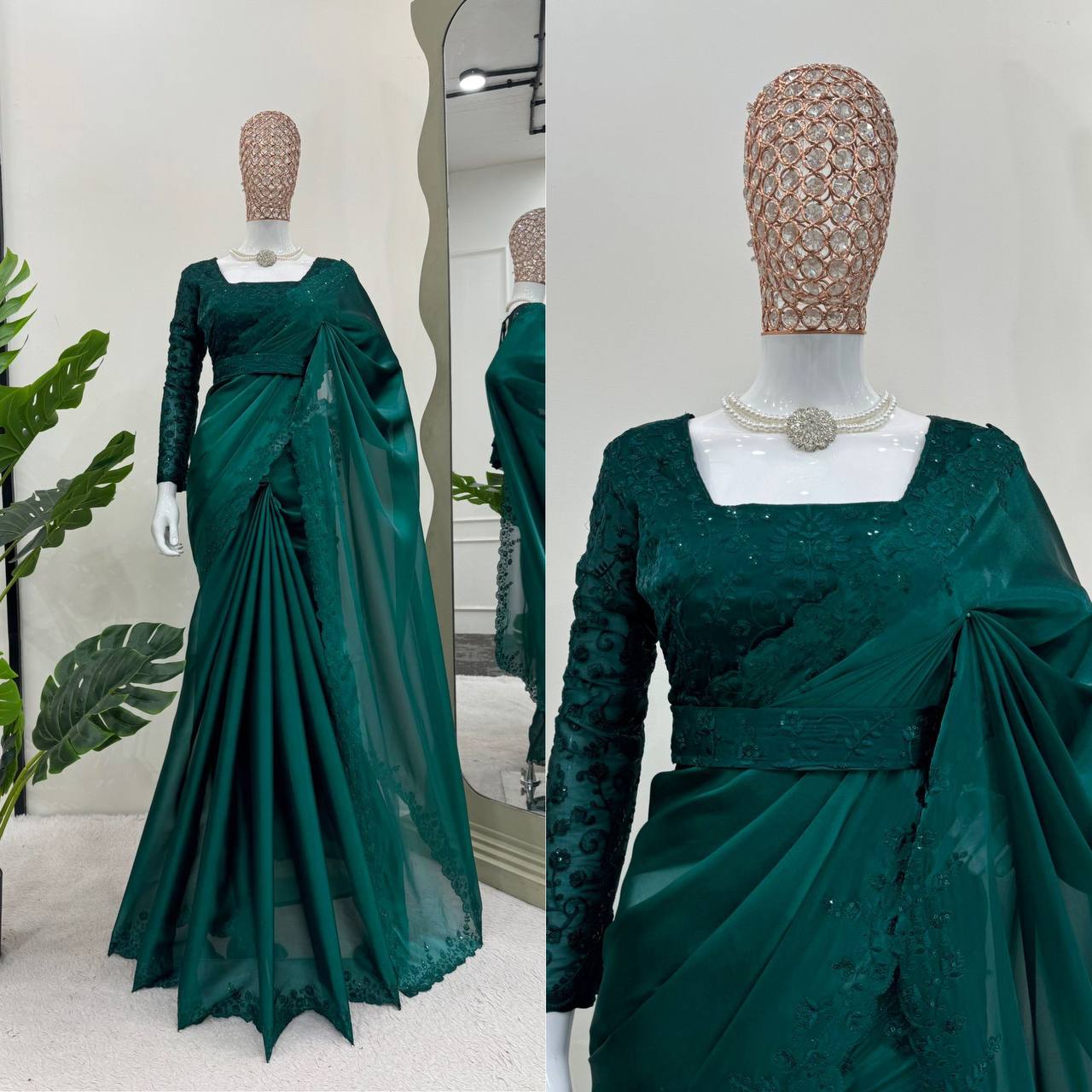 Green jimmy choo designer party wear saree