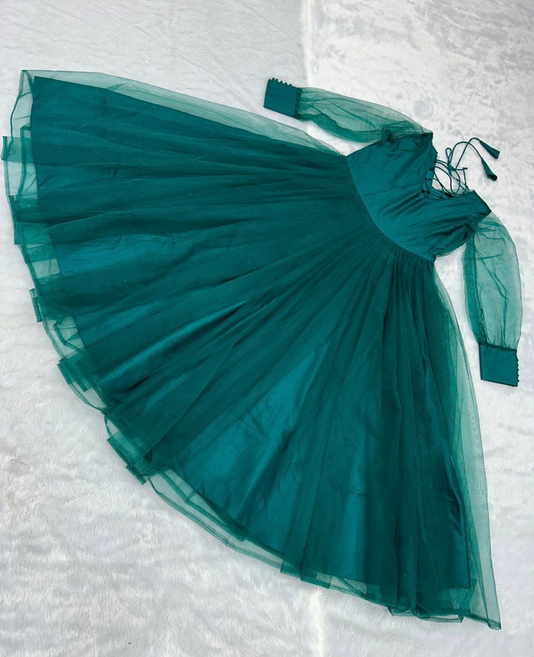 Green net heavy flair plain party wear gown