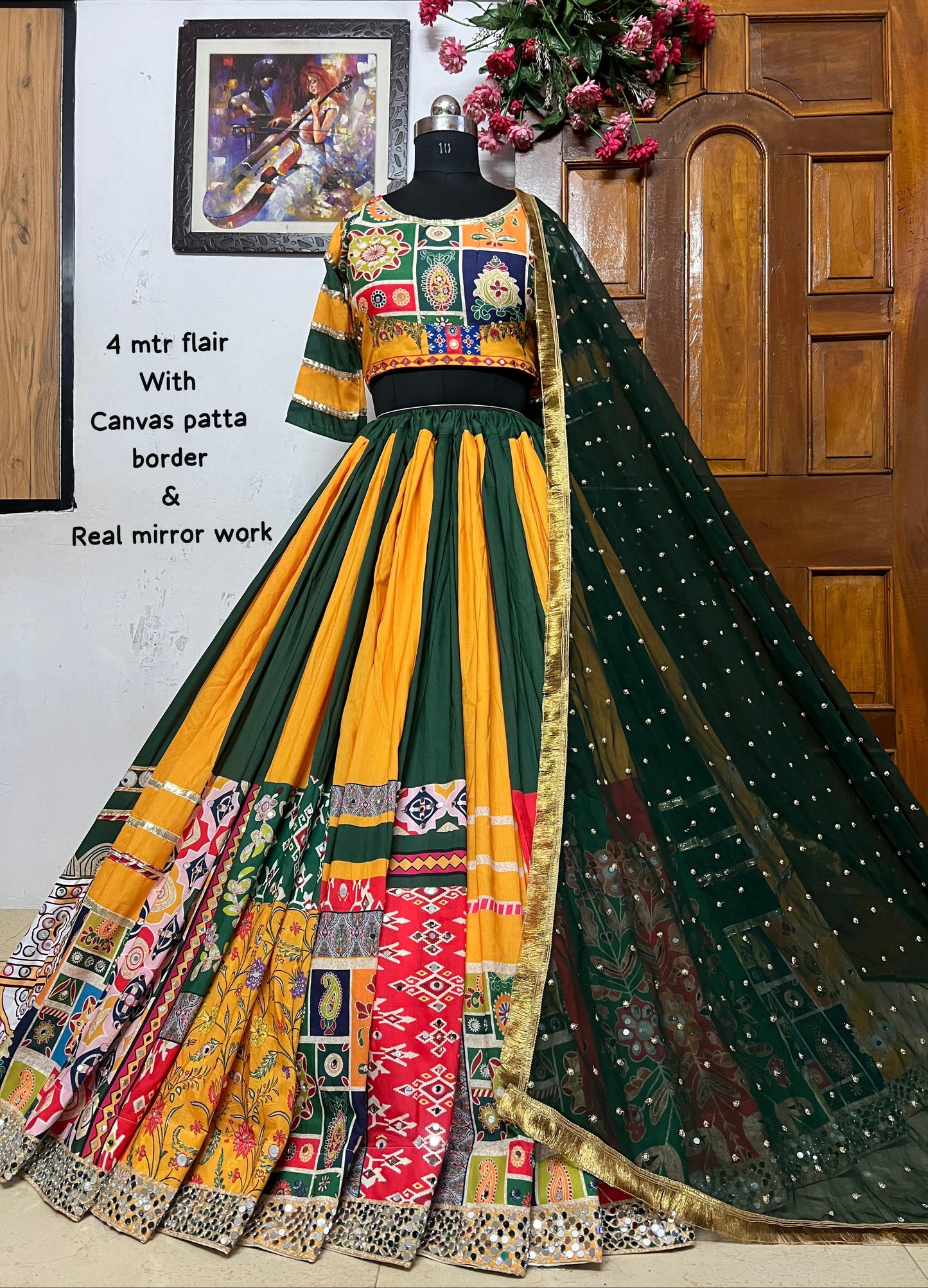 Green yellow cotton mirror work navratri lehenga chaniya choli