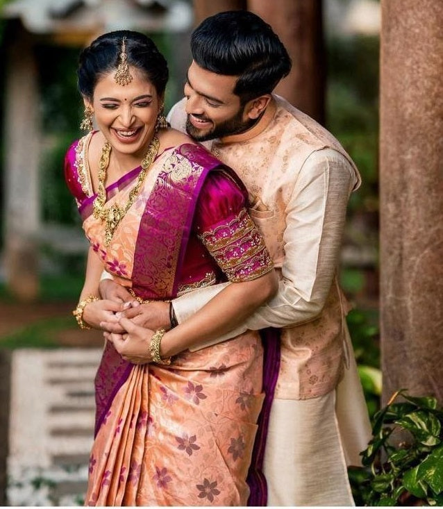Peach banarasi silk jacquard work wedding saree