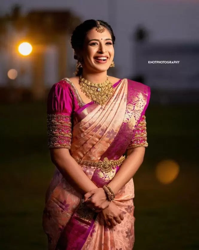 Peach banarasi silk jacquard work wedding saree