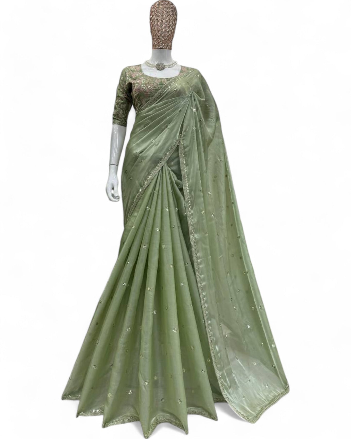 Jimmy Chu Fabric Saree with Thread & Sequin Work Pista Green Free Size