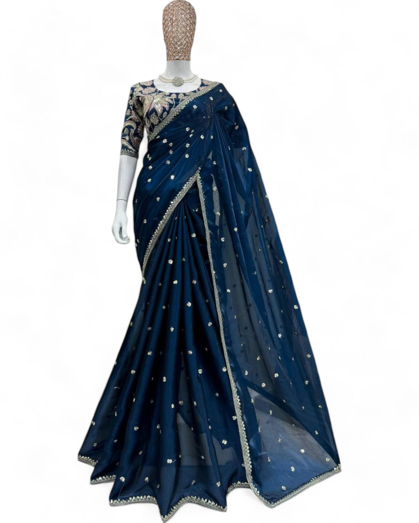 Jimmy Chu Fabric Saree with Thread & Sequin Work Navy Free Size