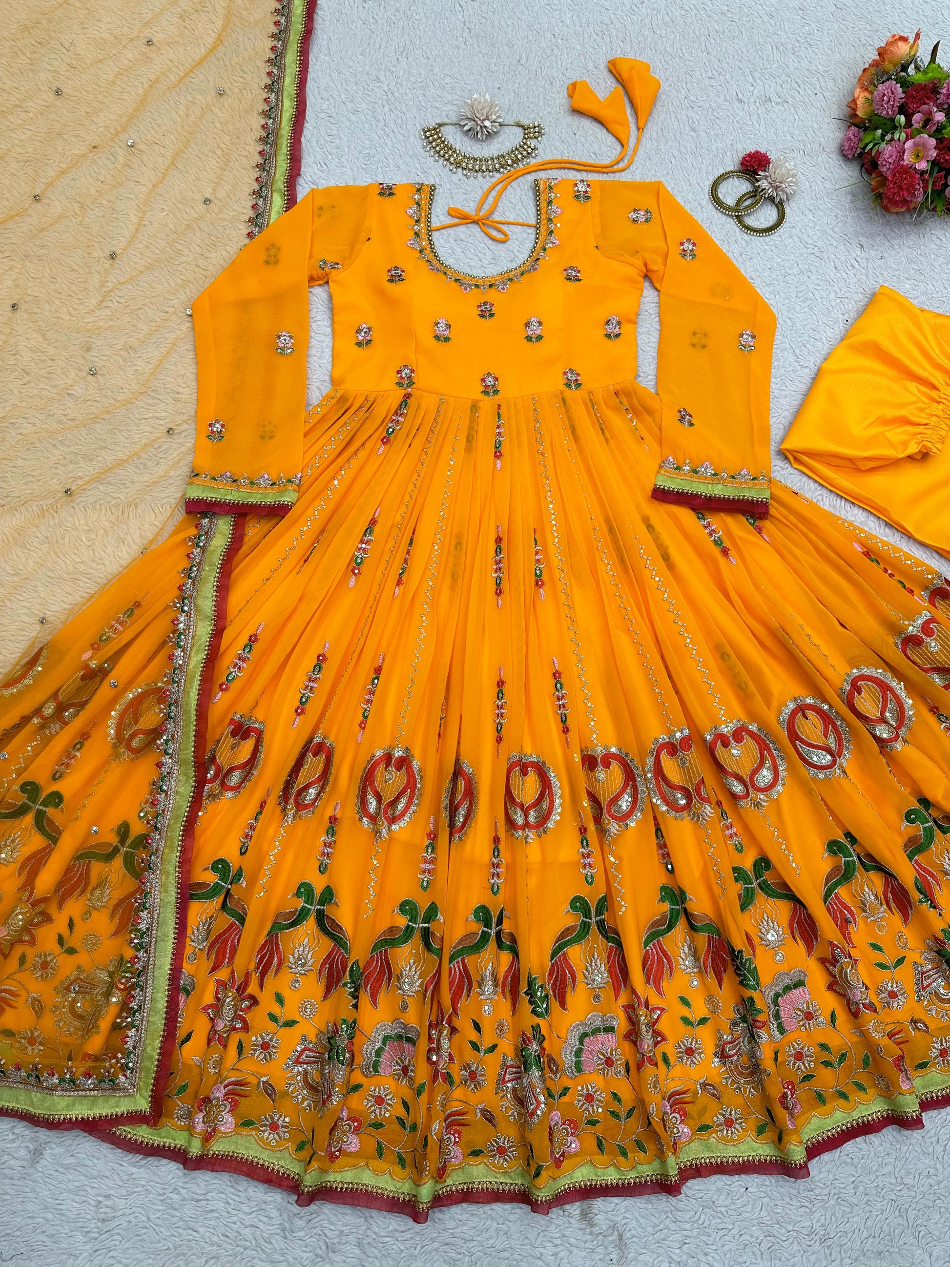 Yellow embroidered ceremonial anarkali suit