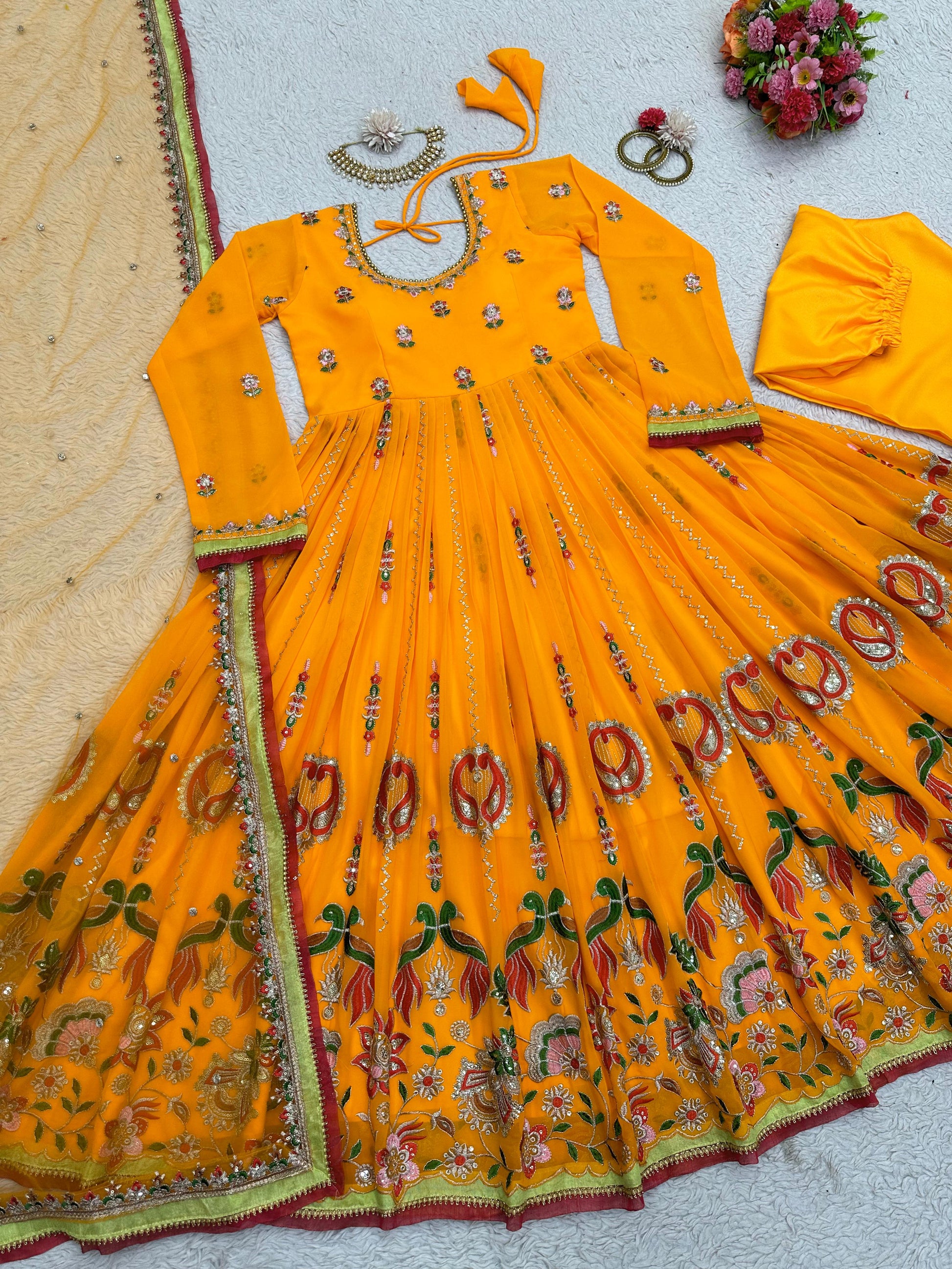 Yellow embroidered ceremonial anarkali suit