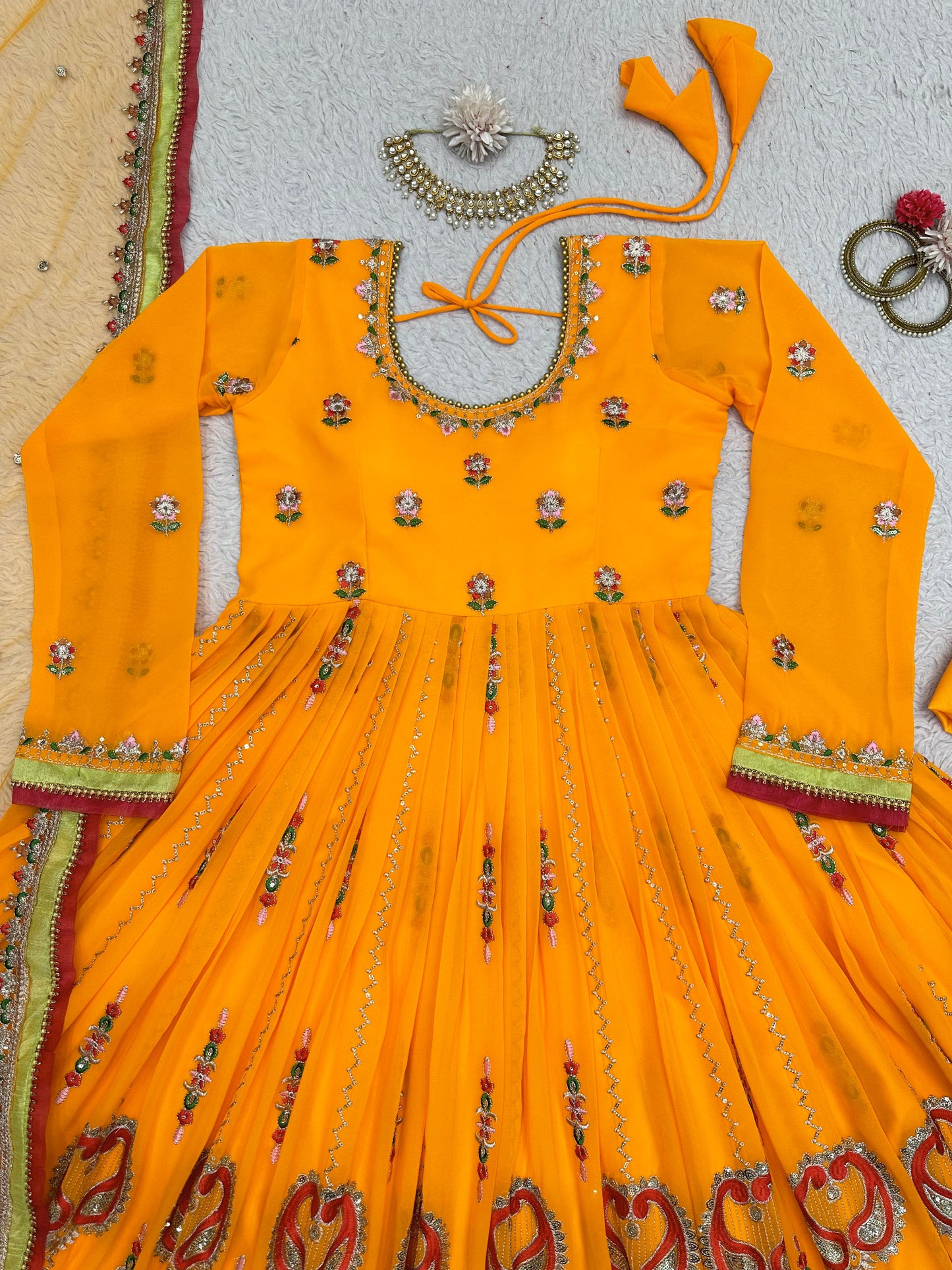Yellow embroidered ceremonial anarkali suit