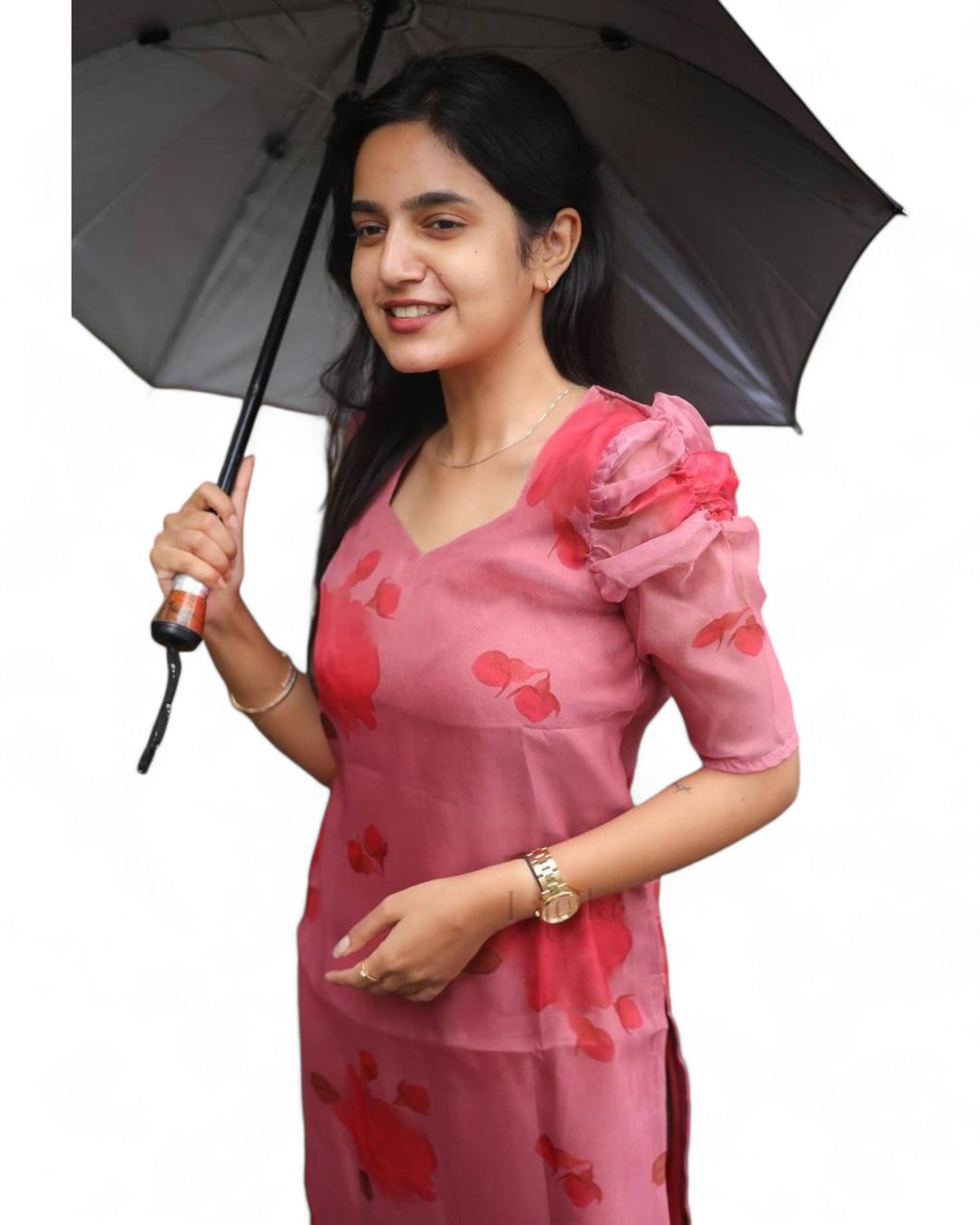 Magento pink organza floral printed daily wear kurti