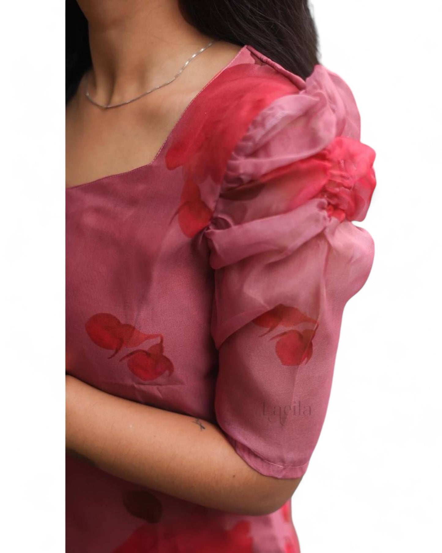 Magento pink organza floral printed daily wear kurti