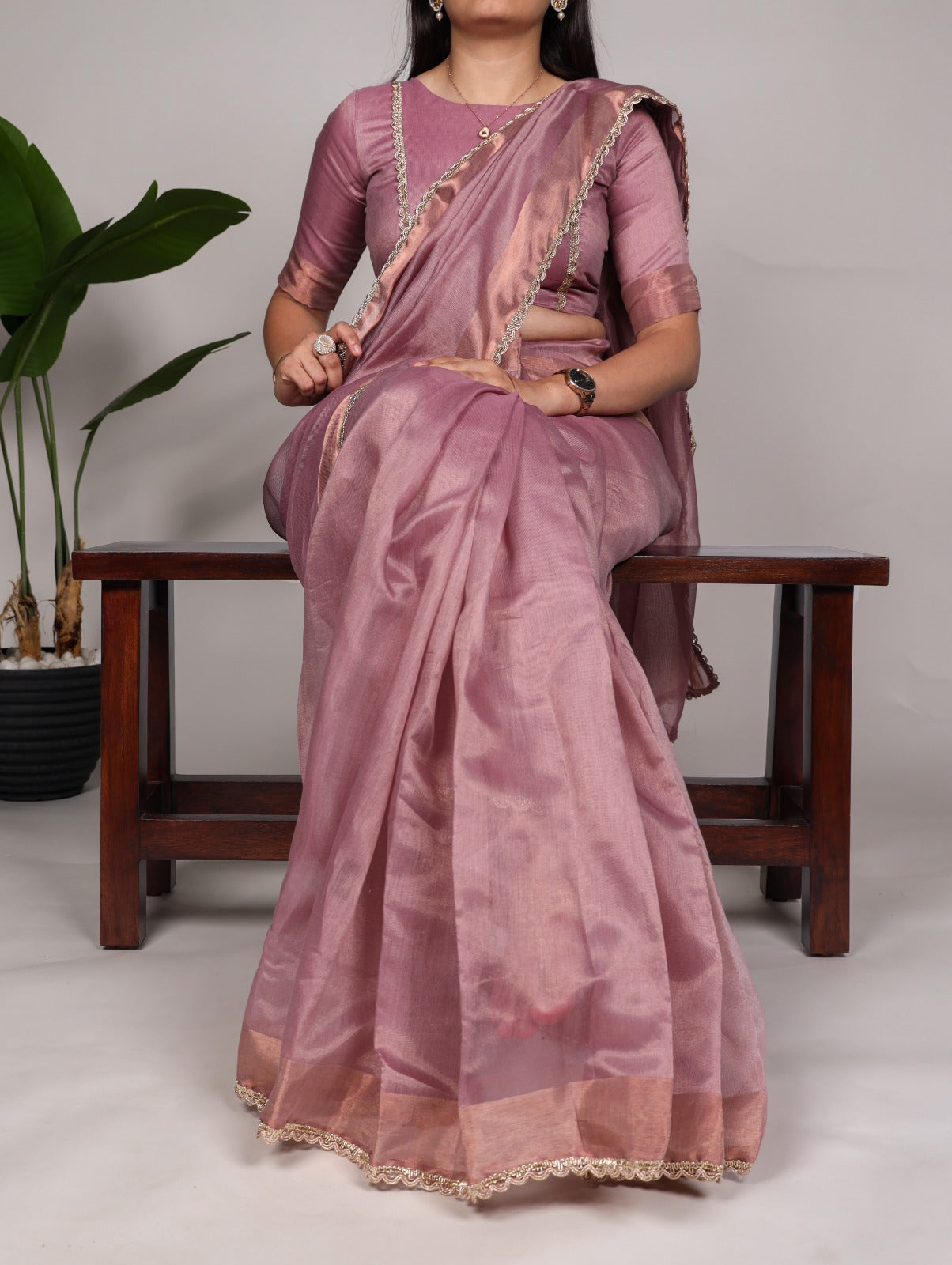 Mannat silk plain zari weaving work border stylish saree Dusty Rose Free Size