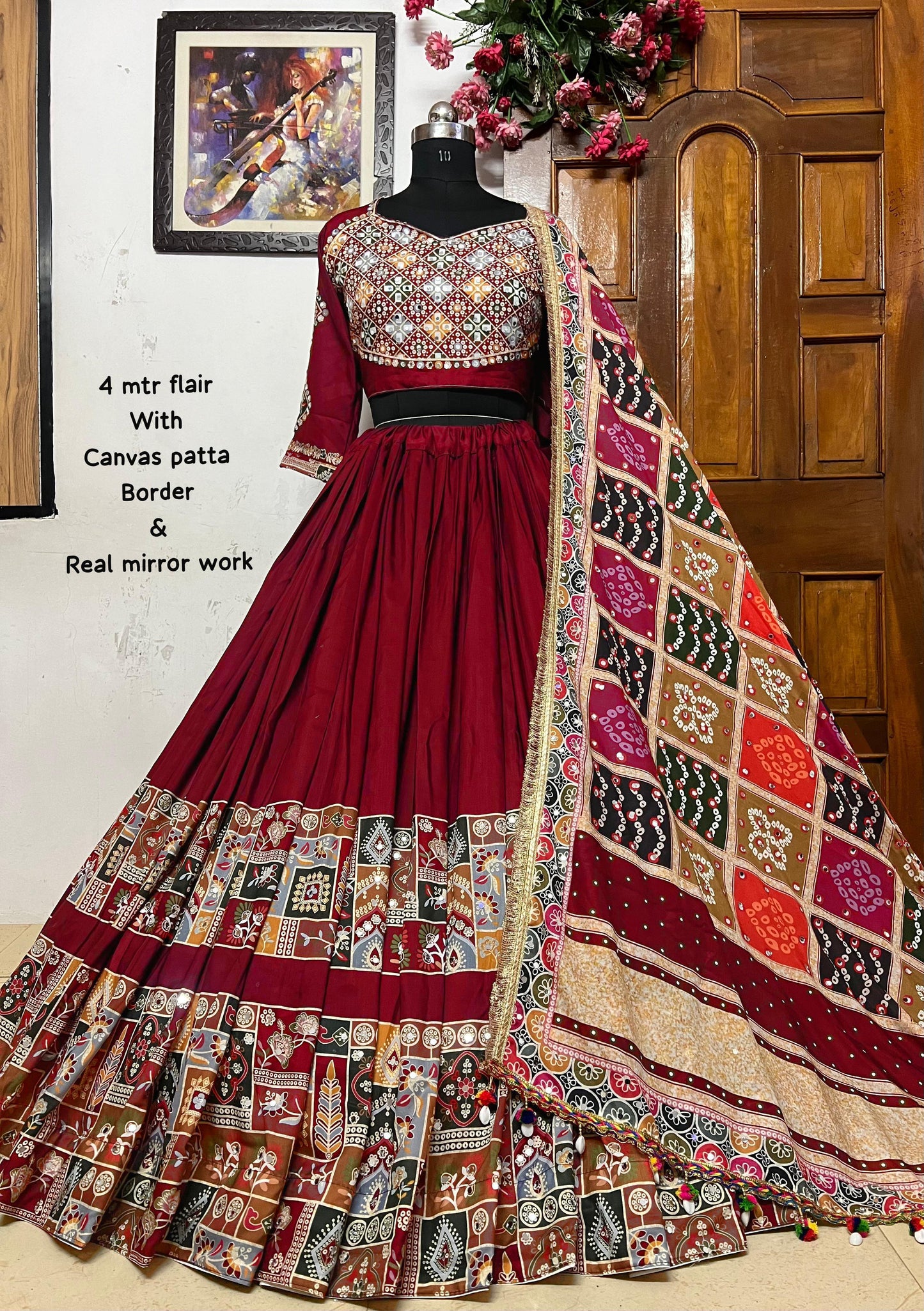 Maroon cotton mirror work gujarati garba navratri lehenga chaniya choli
