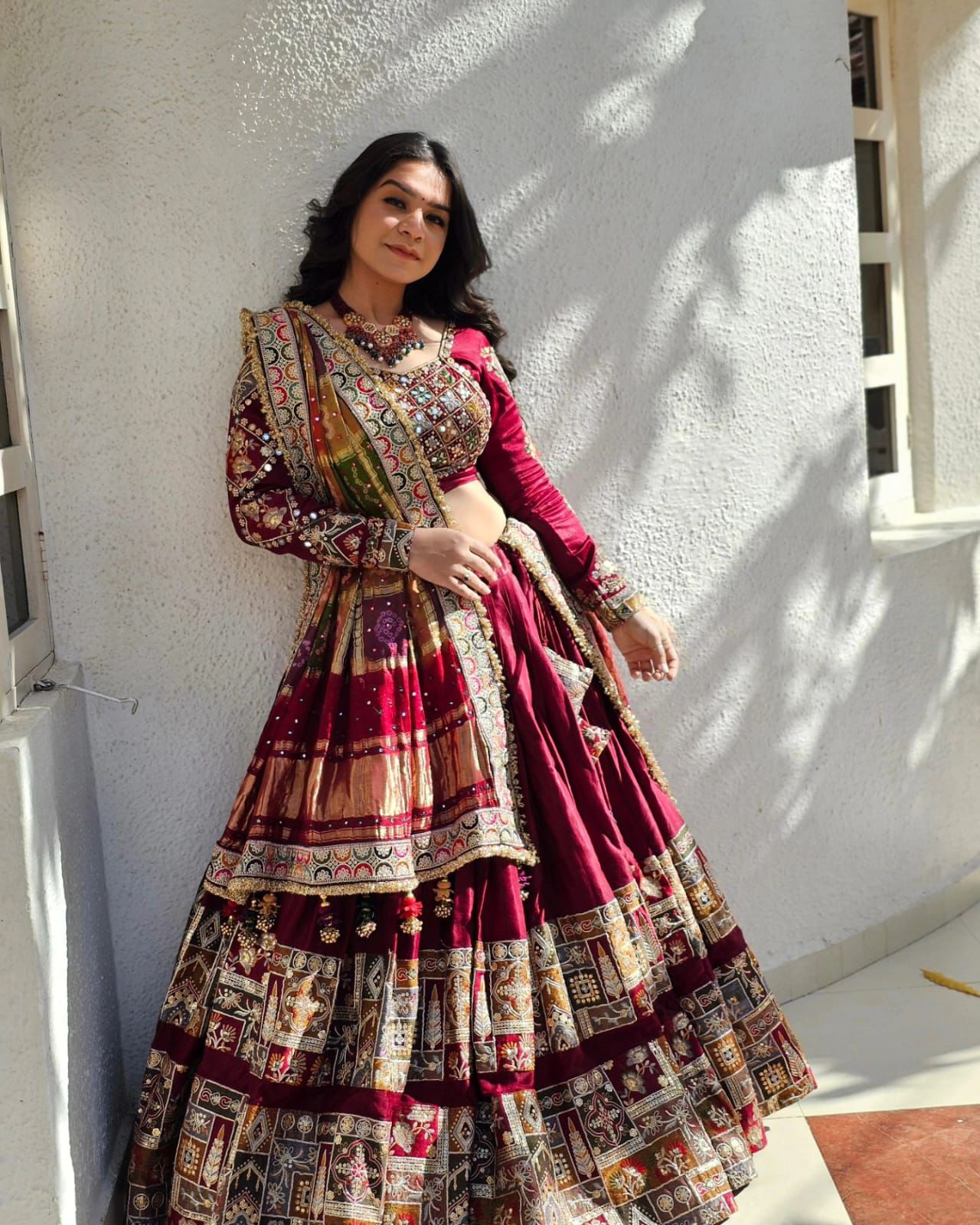 Maroon cotton mirror work gujarati garba navratri lehenga chaniya choli