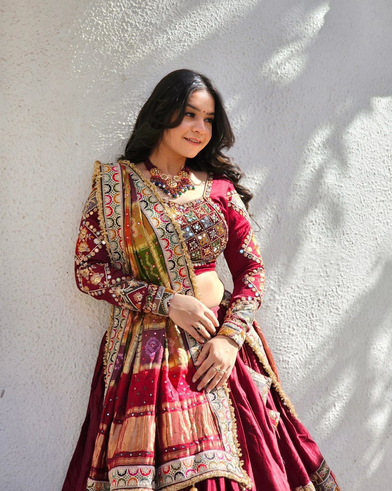 Maroon cotton mirror work gujarati garba navratri lehenga chaniya choli