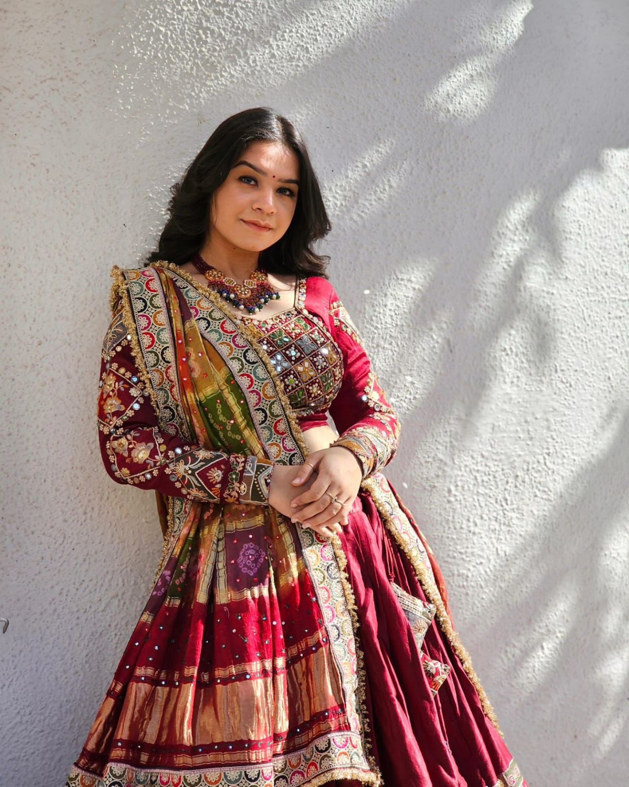 Maroon cotton mirror work gujarati garba navratri lehenga chaniya choli