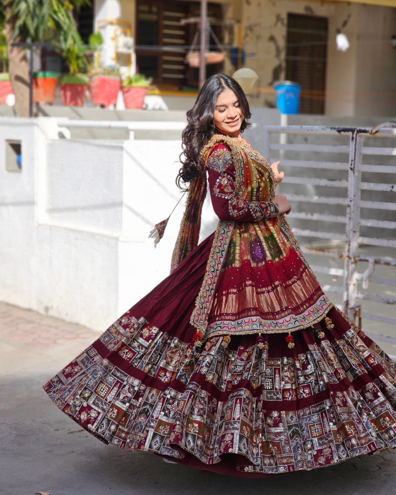 Maroon cotton mirror work gujarati garba navratri lehenga chaniya choli