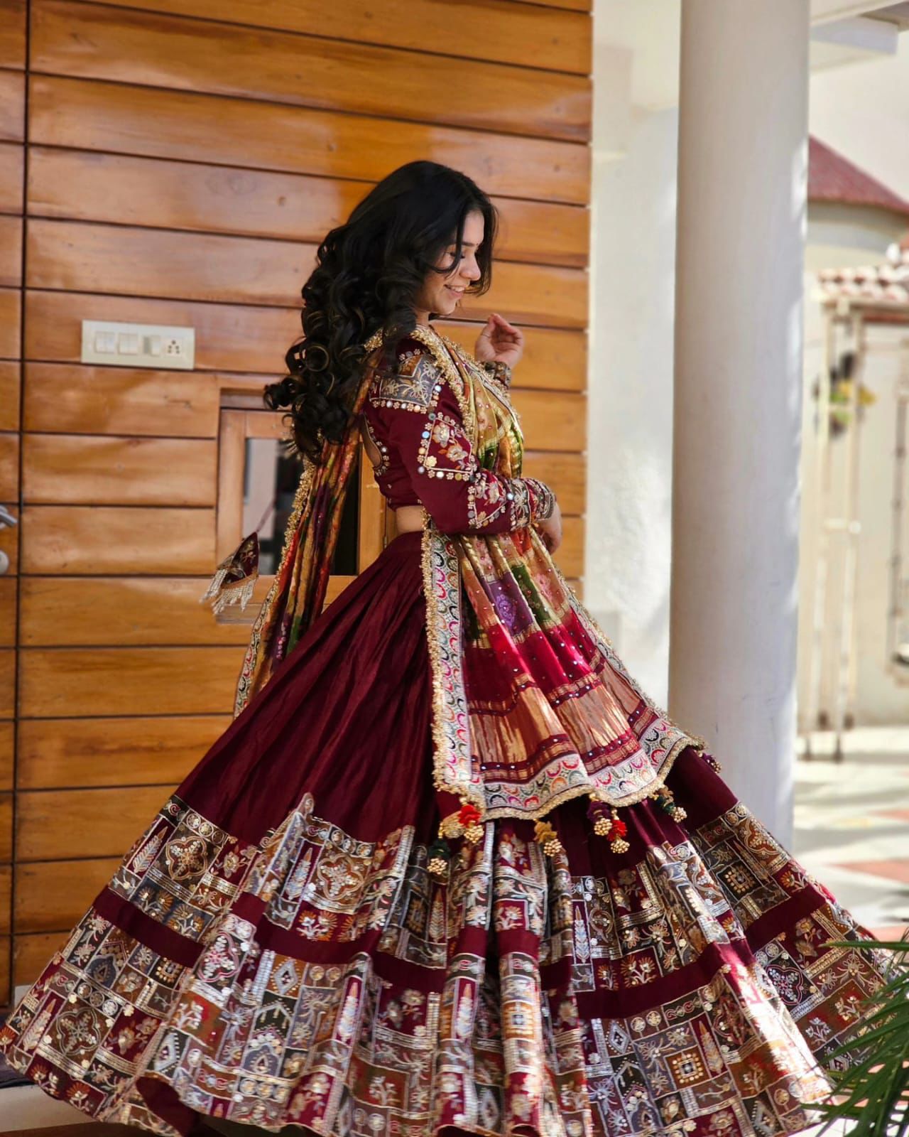 Maroon cotton mirror work gujarati garba navratri lehenga chaniya choli