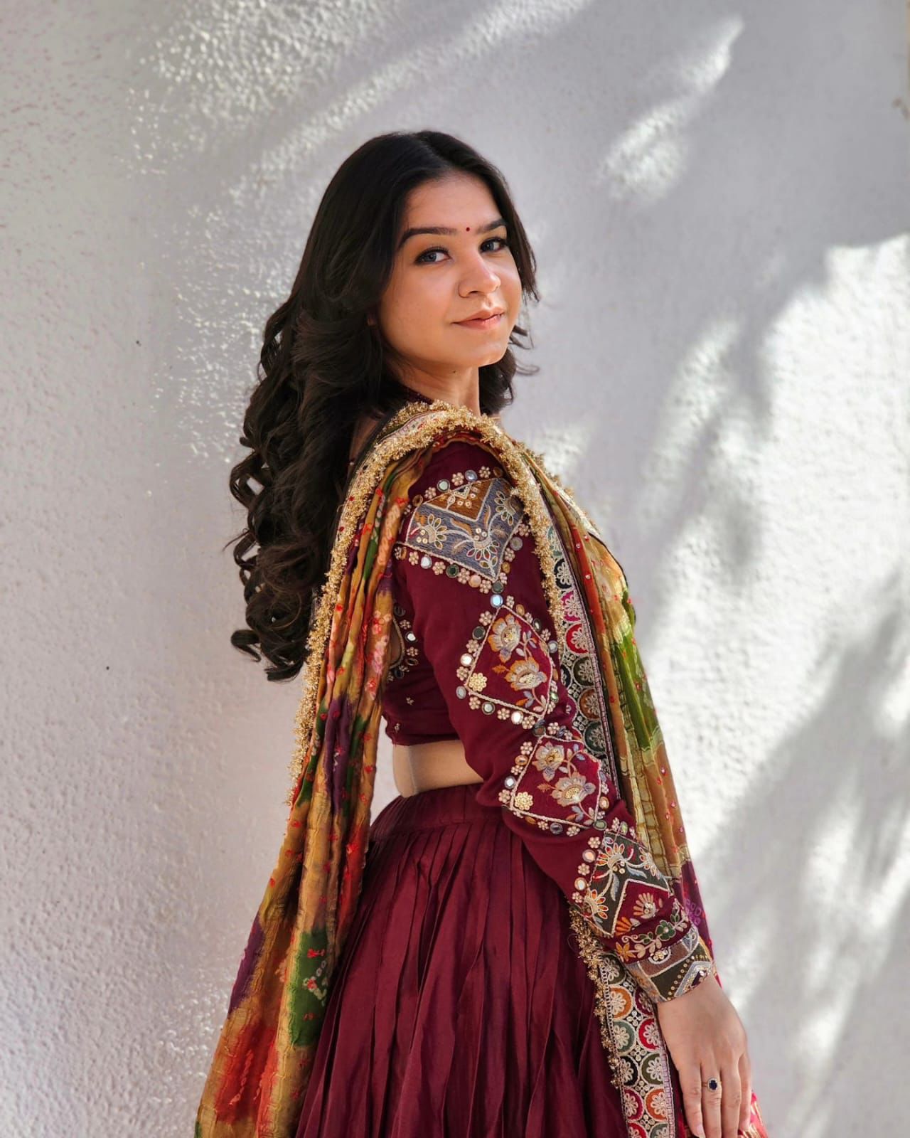 Maroon cotton mirror work gujarati garba navratri lehenga chaniya choli