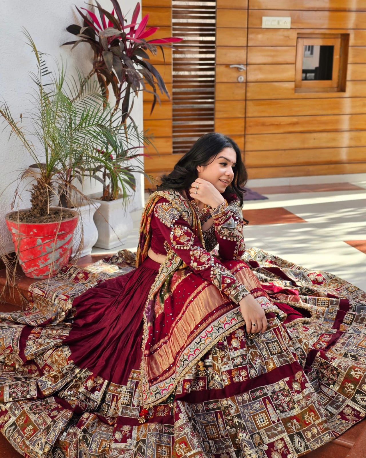 Maroon cotton mirror work gujarati garba navratri lehenga chaniya choli
