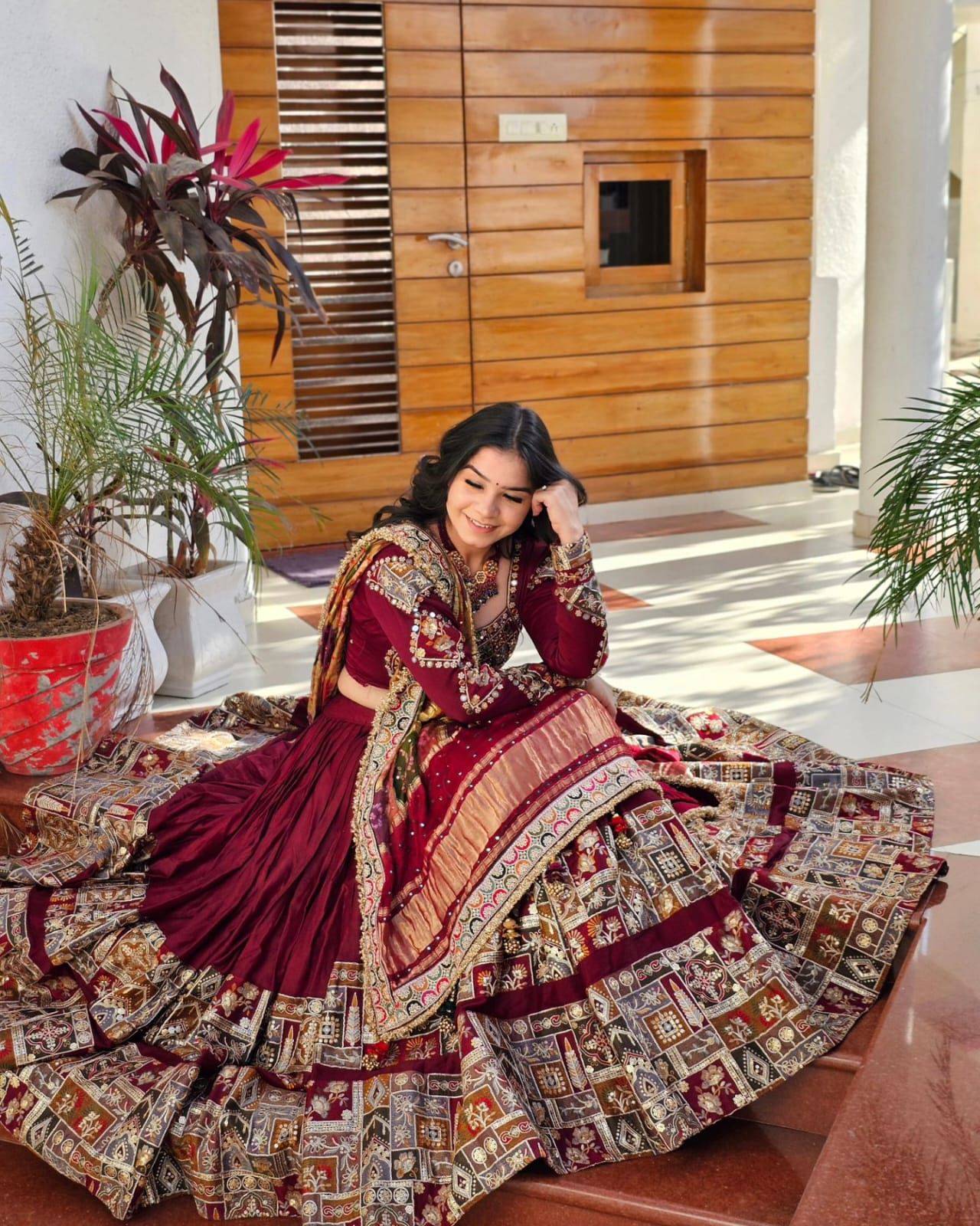 Maroon cotton mirror work gujarati garba navratri lehenga chaniya choli