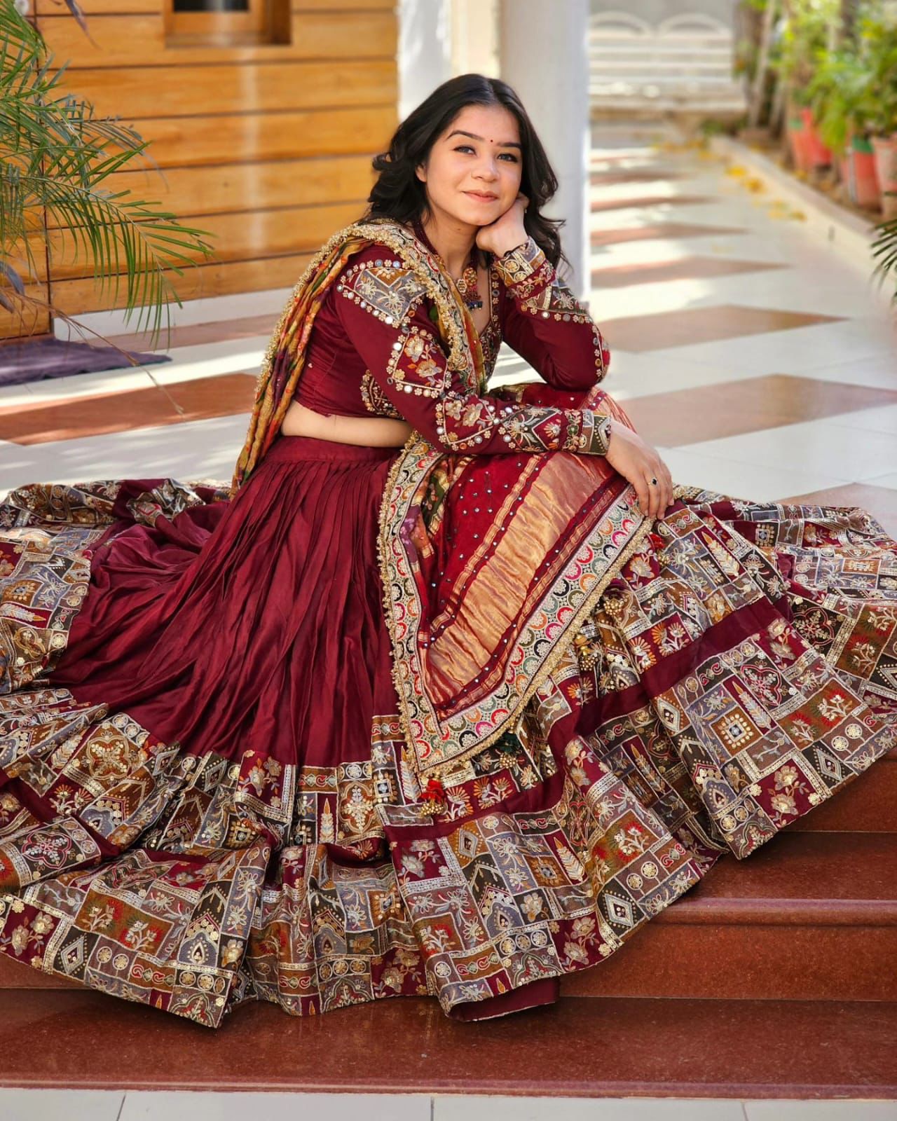 Maroon cotton mirror work gujarati garba navratri lehenga chaniya choli
