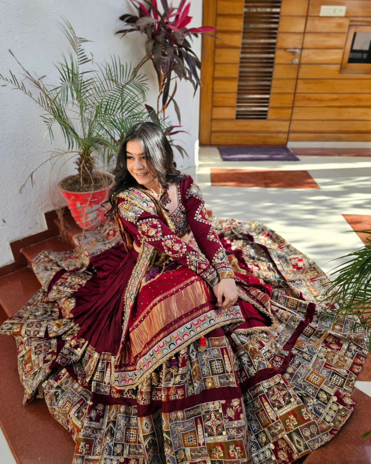 Maroon cotton mirror work gujarati garba navratri lehenga chaniya choli