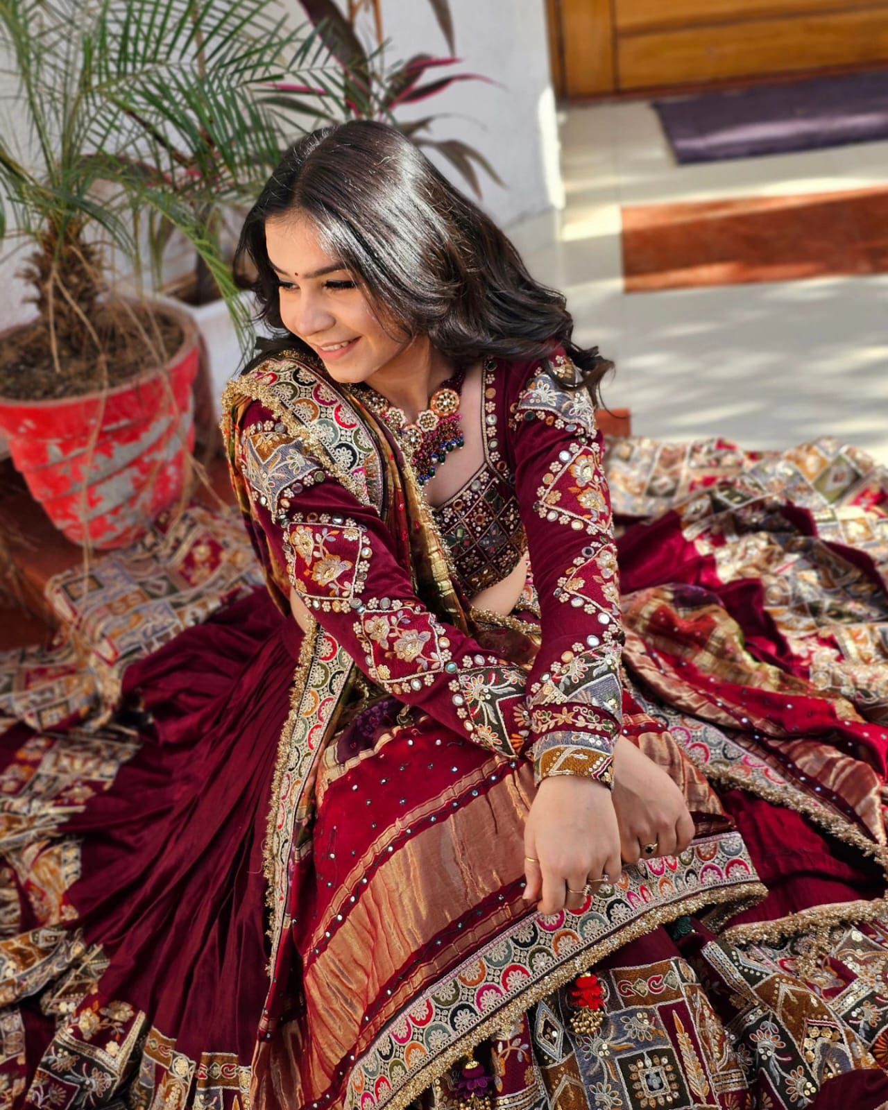 Maroon cotton mirror work gujarati garba navratri lehenga chaniya choli