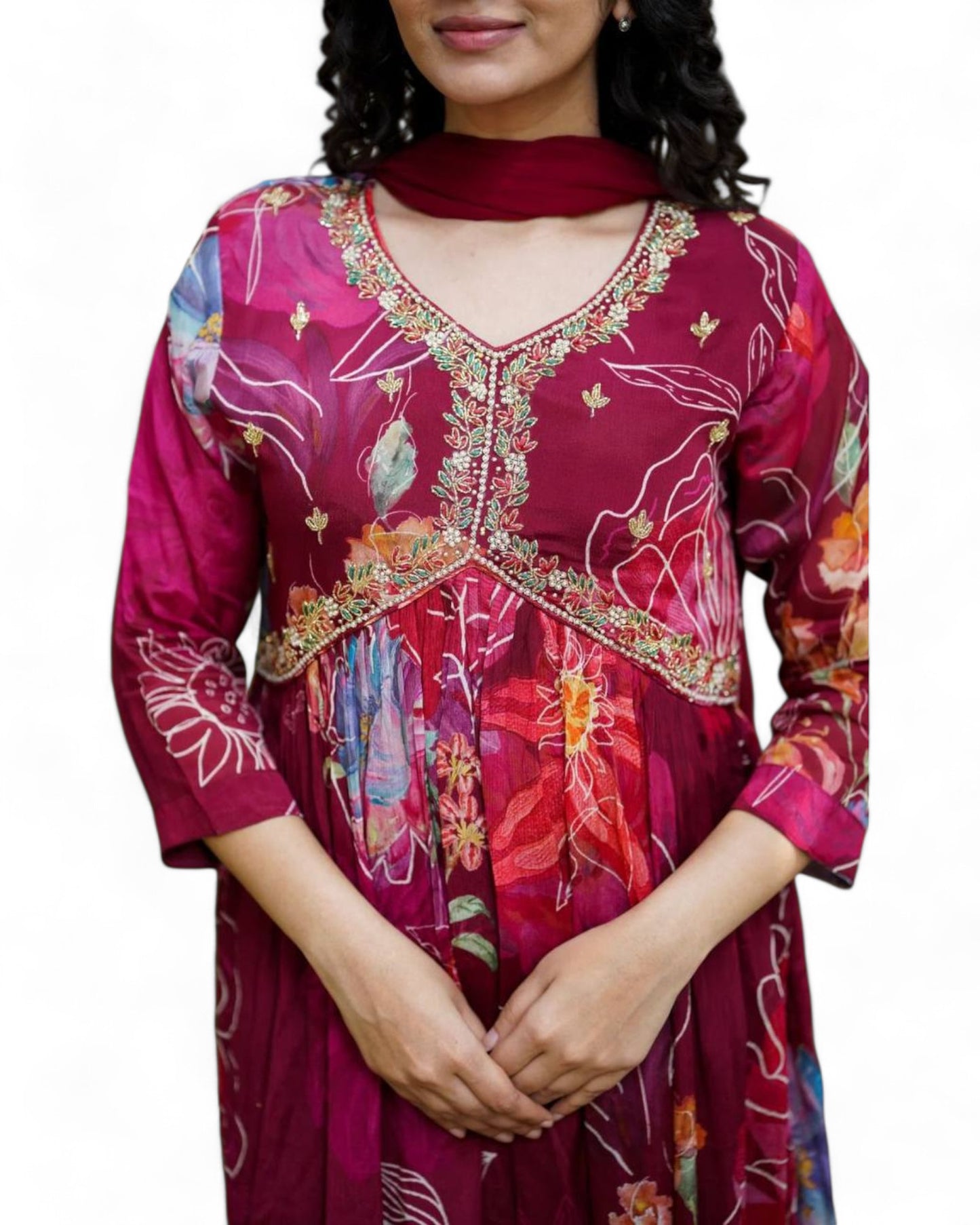 Maroon georgette floral printed stylish alia cut suit