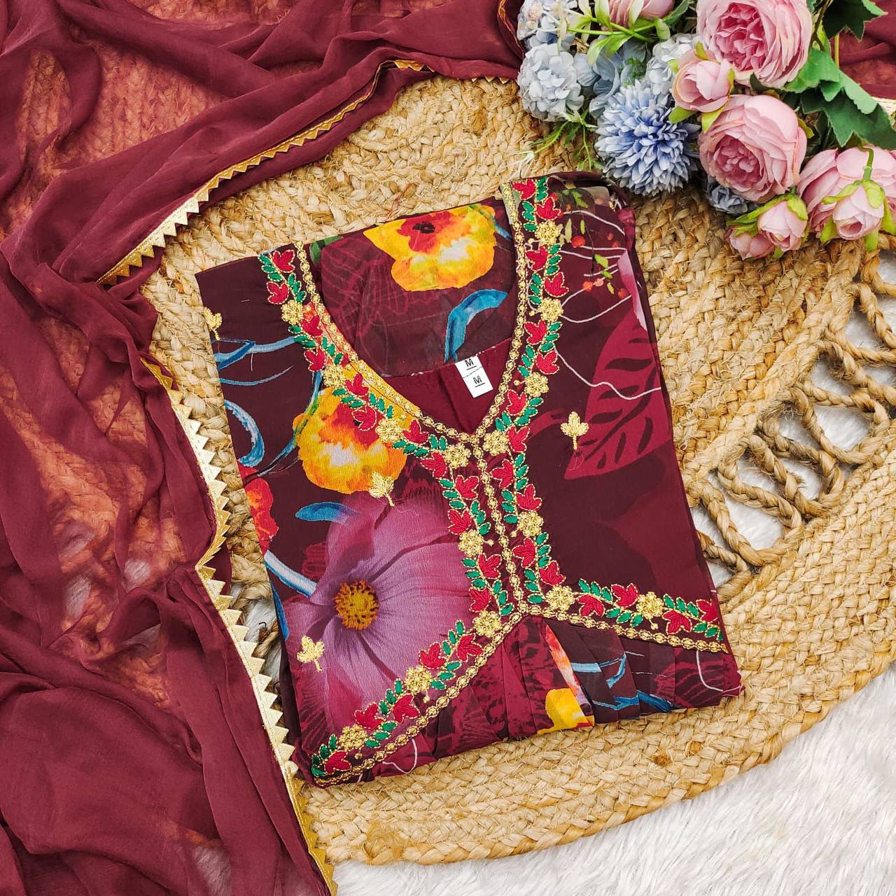 Maroon georgette floral printed stylish alia cut suit