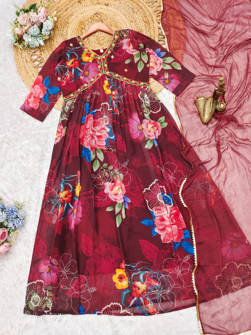 Maroon georgette floral printed stylish alia cut suit