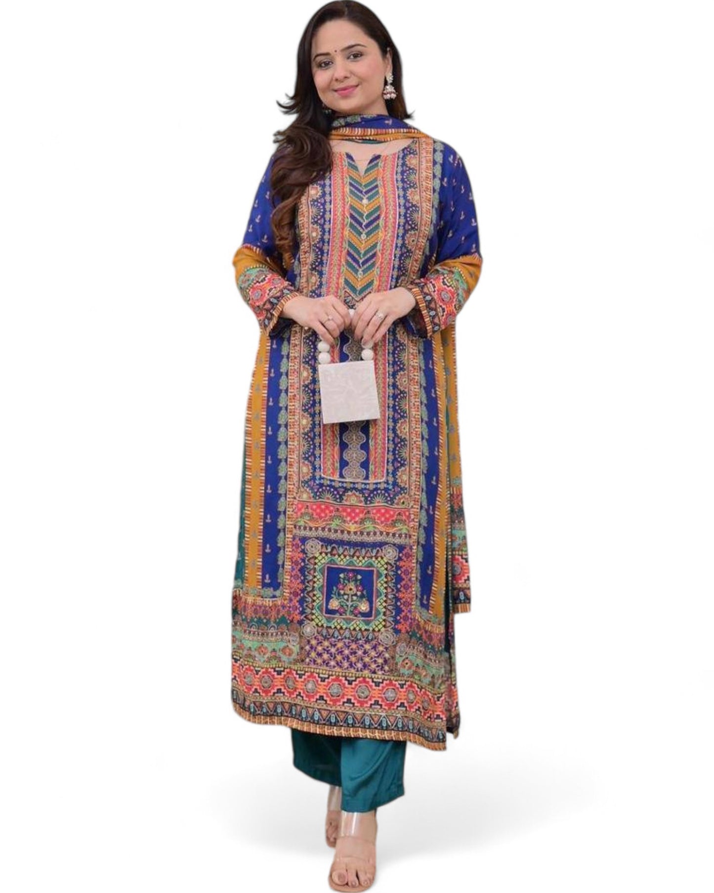 Masleen Sequin Printed Kurti Set with Silk Pant and Embroidered Dupatta