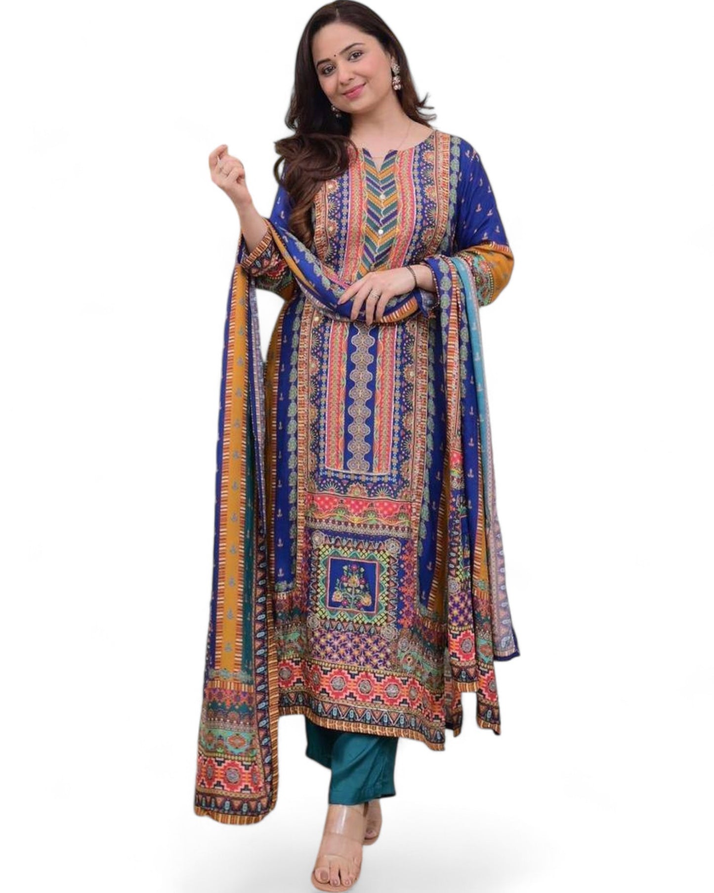 Masleen Sequin Printed Kurti Set with Silk Pant and Embroidered Dupatta