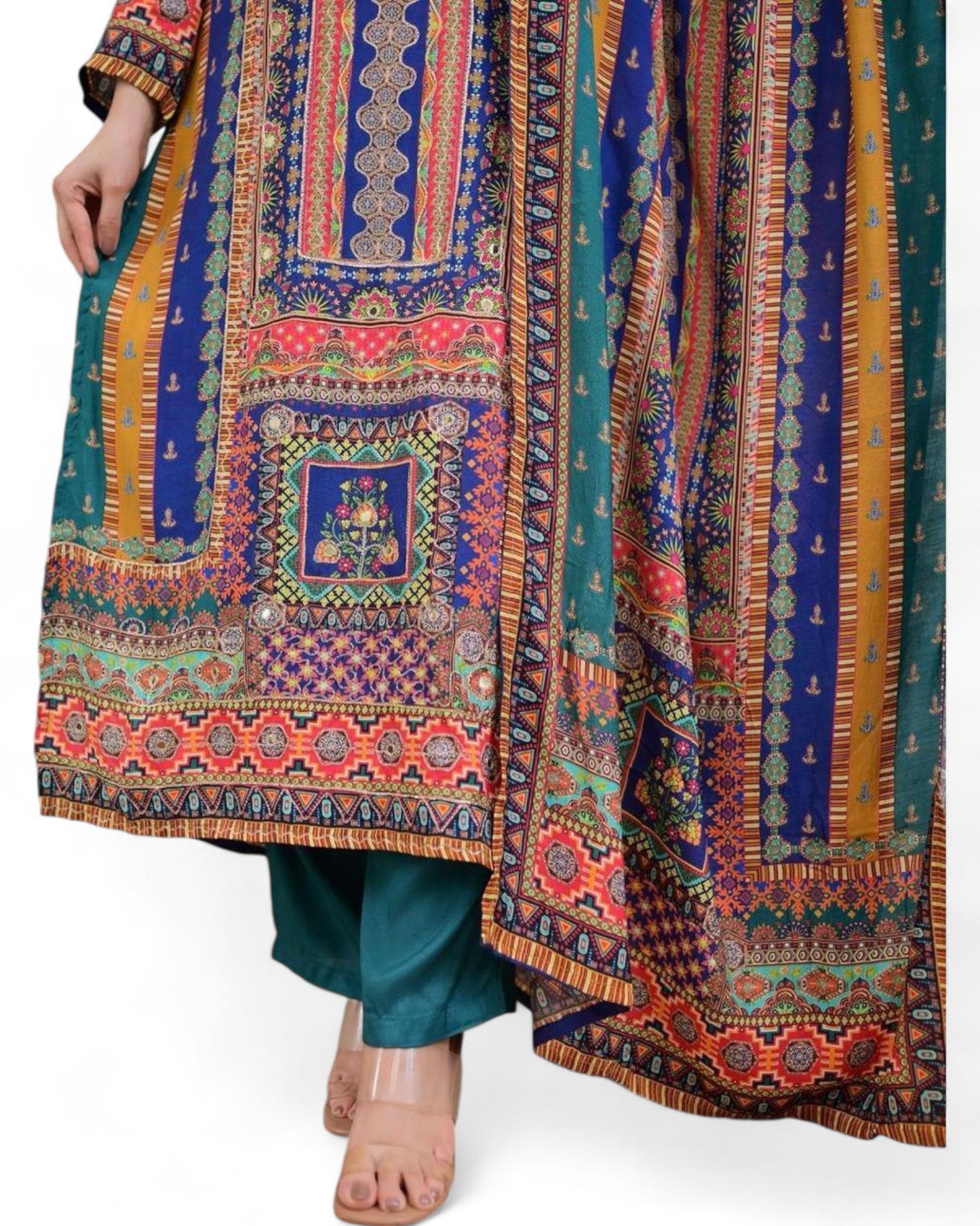 Masleen Sequin Printed Kurti Set with Silk Pant and Embroidered Dupatta