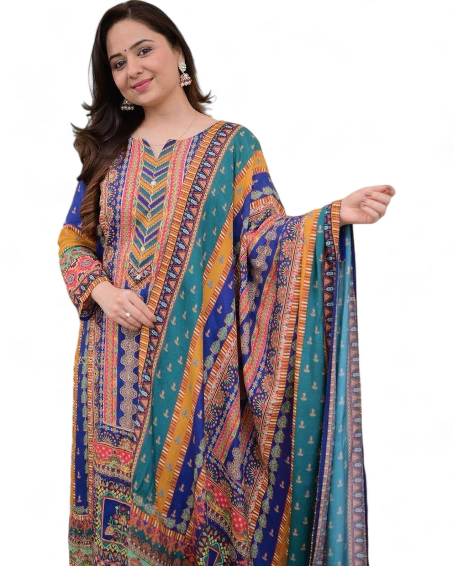 Masleen Sequin Printed Kurti Set with Silk Pant and Embroidered Dupatta