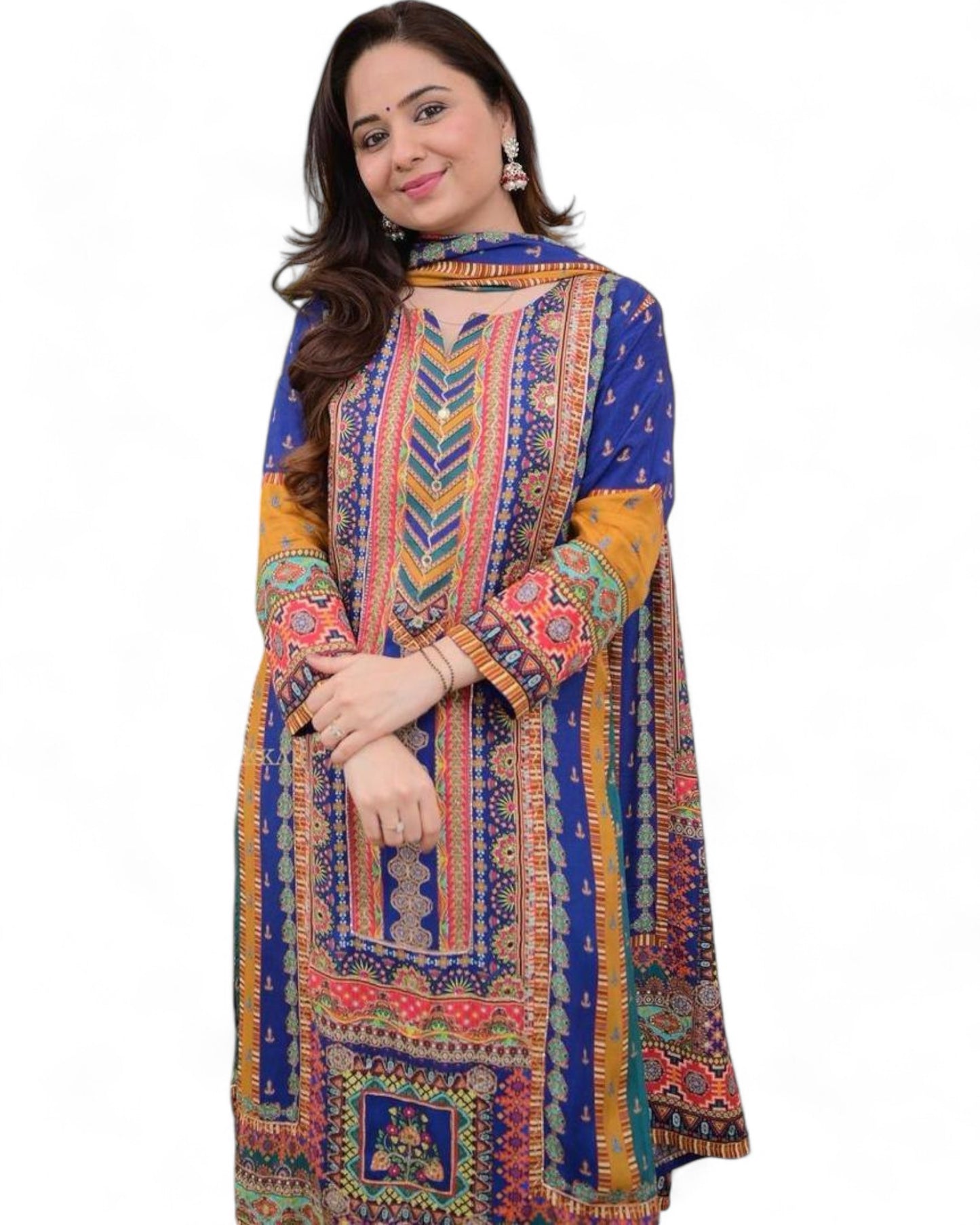 Masleen Sequin Printed Kurti Set with Silk Pant and Embroidered Dupatta