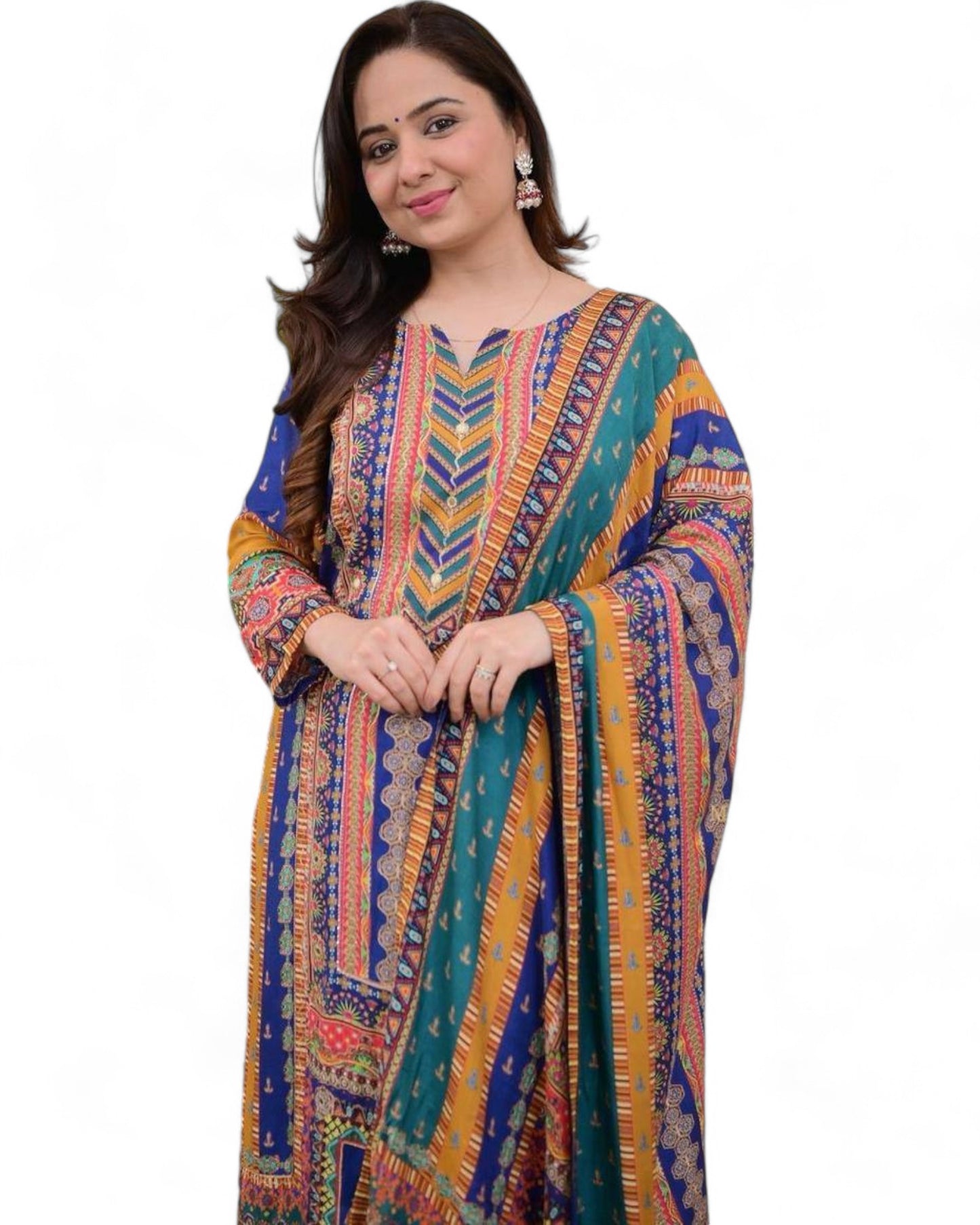 Masleen Sequin Printed Kurti Set with Silk Pant and Embroidered Dupatta