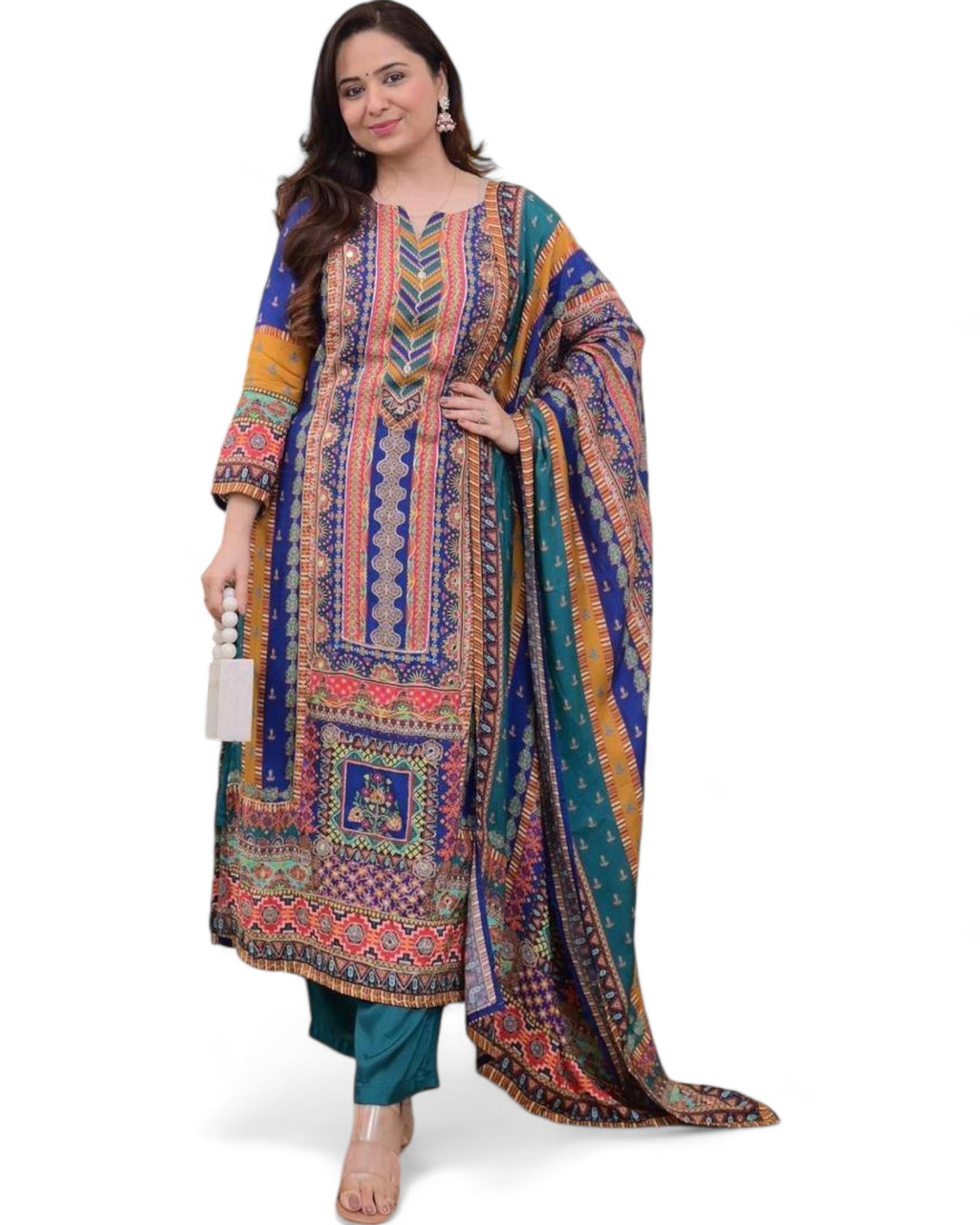 Masleen Sequin Printed Kurti Set with Silk Pant and Embroidered Dupatta