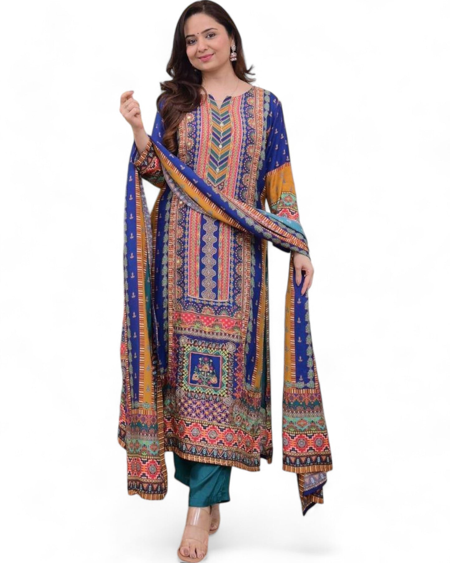 Masleen Sequin Printed Kurti Set with Silk Pant and Embroidered Dupatta