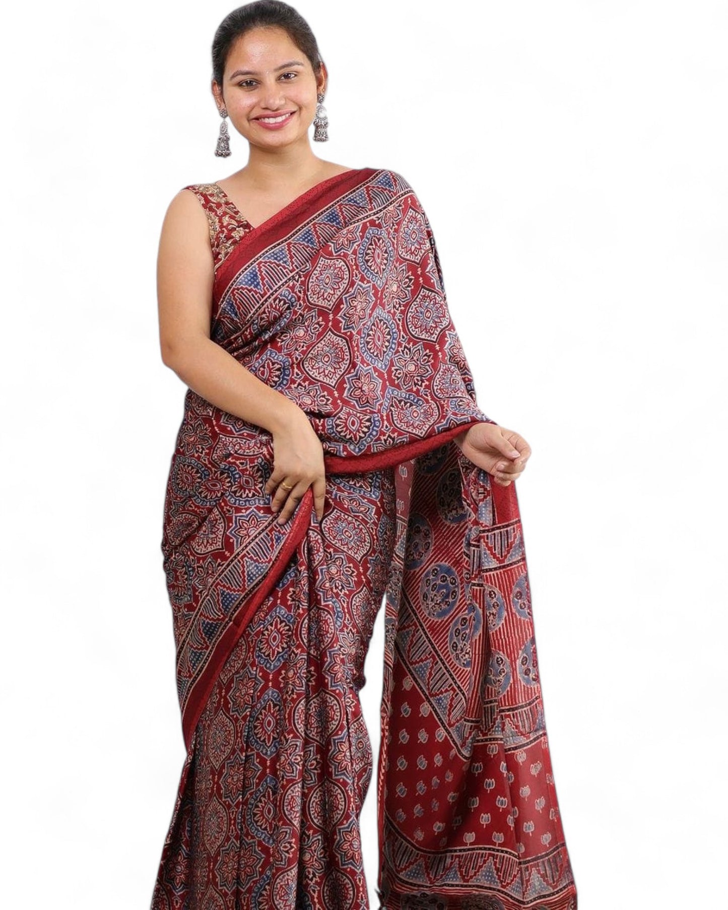 Multicolor Ajrakh Print Muslin Rich Pallu Saree with Contrast Blouse Multicolor Free Size C