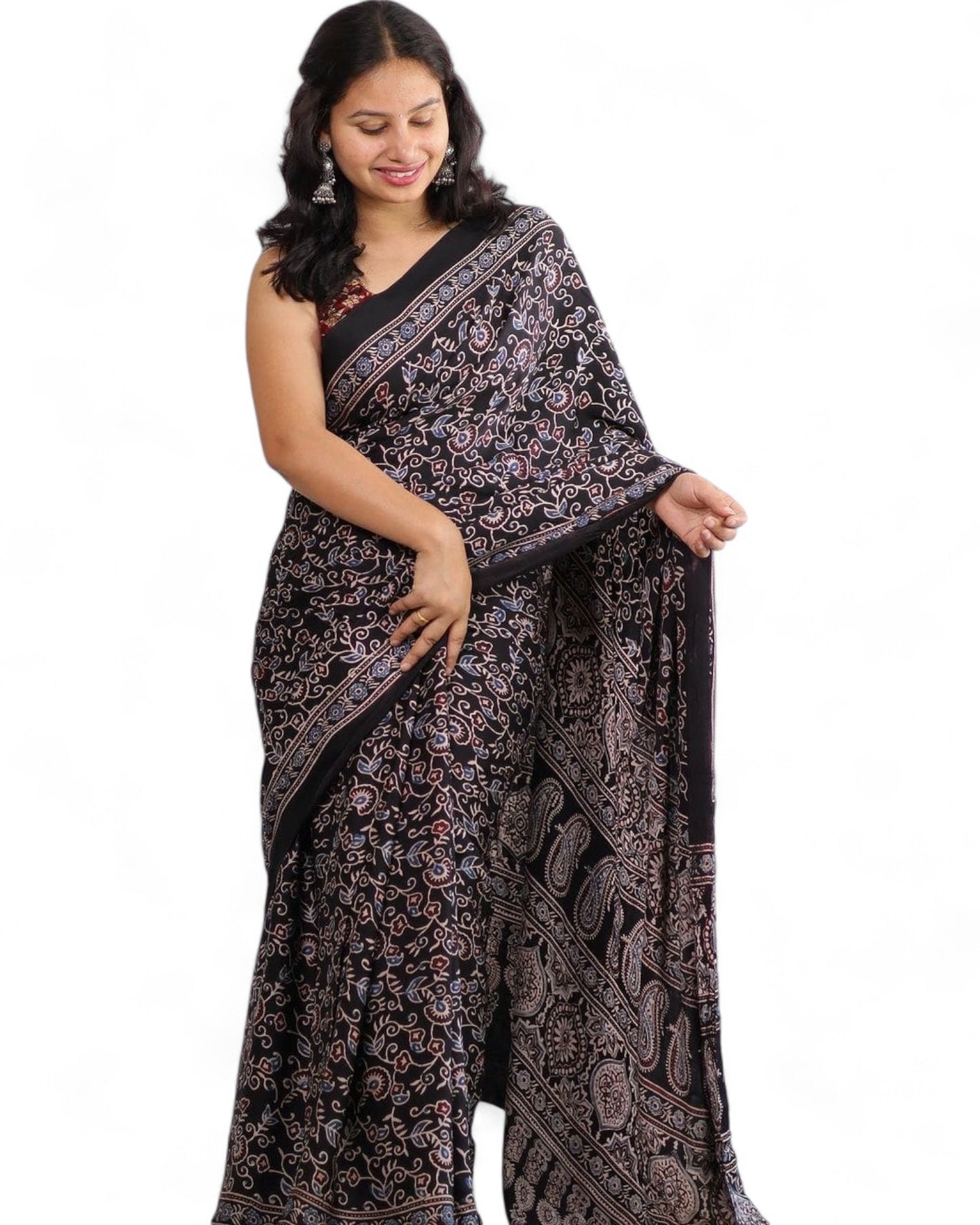 Multicolor Ajrakh Print Muslin Rich Pallu Saree with Contrast Blouse Multicolor Free Size G
