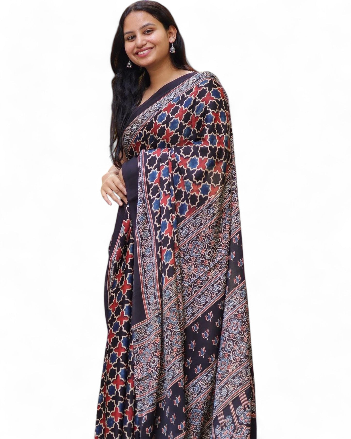 Multicolor Ajrakh Print Muslin Rich Pallu Saree with Contrast Blouse Multicolor Free Size F