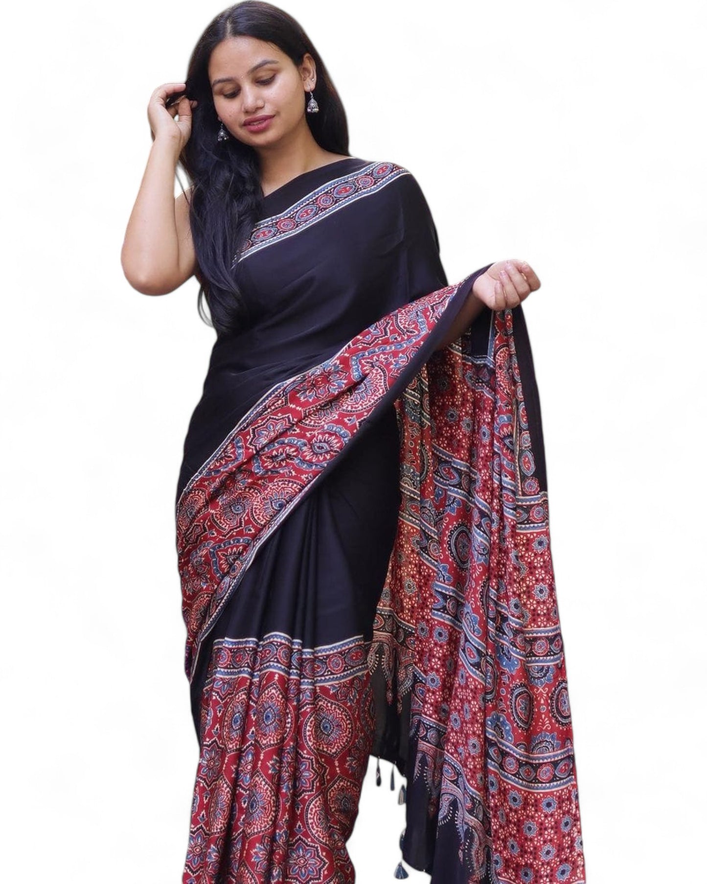 Multicolor Ajrakh Print Muslin Rich Pallu Saree with Contrast Blouse Multicolor Free Size E