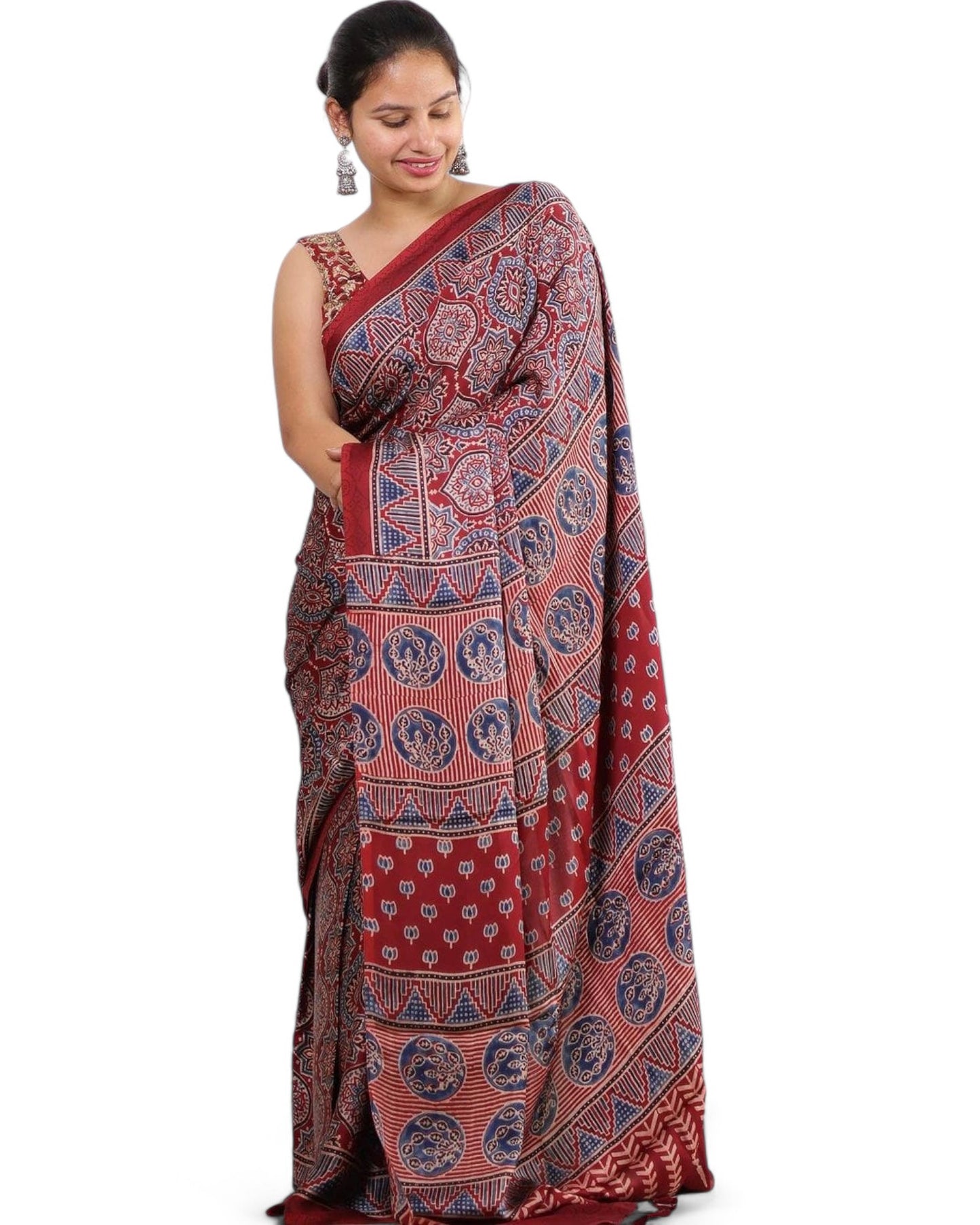 Multicolor Ajrakh Print Muslin Rich Pallu Saree with Contrast Blouse Multicolor Free Size D