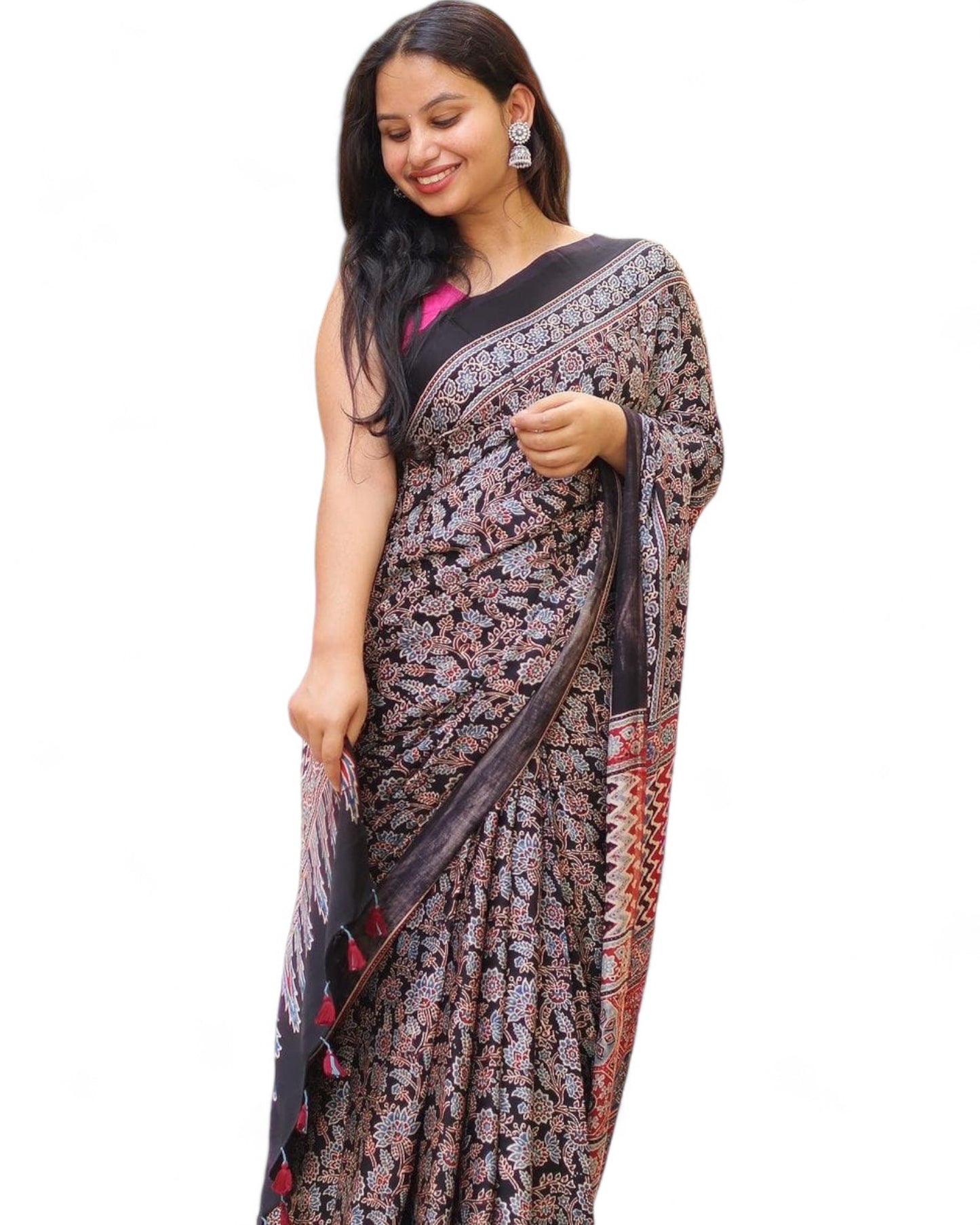 Multicolor Ajrakh Print Muslin Rich Pallu Saree with Contrast Blouse Multicolor Free Size B